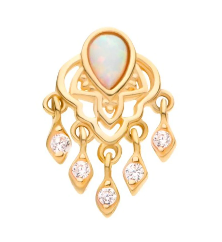 14kt Gold White Opalite Teardrop and Dangle CZ Threadless Top - Mrs Treak