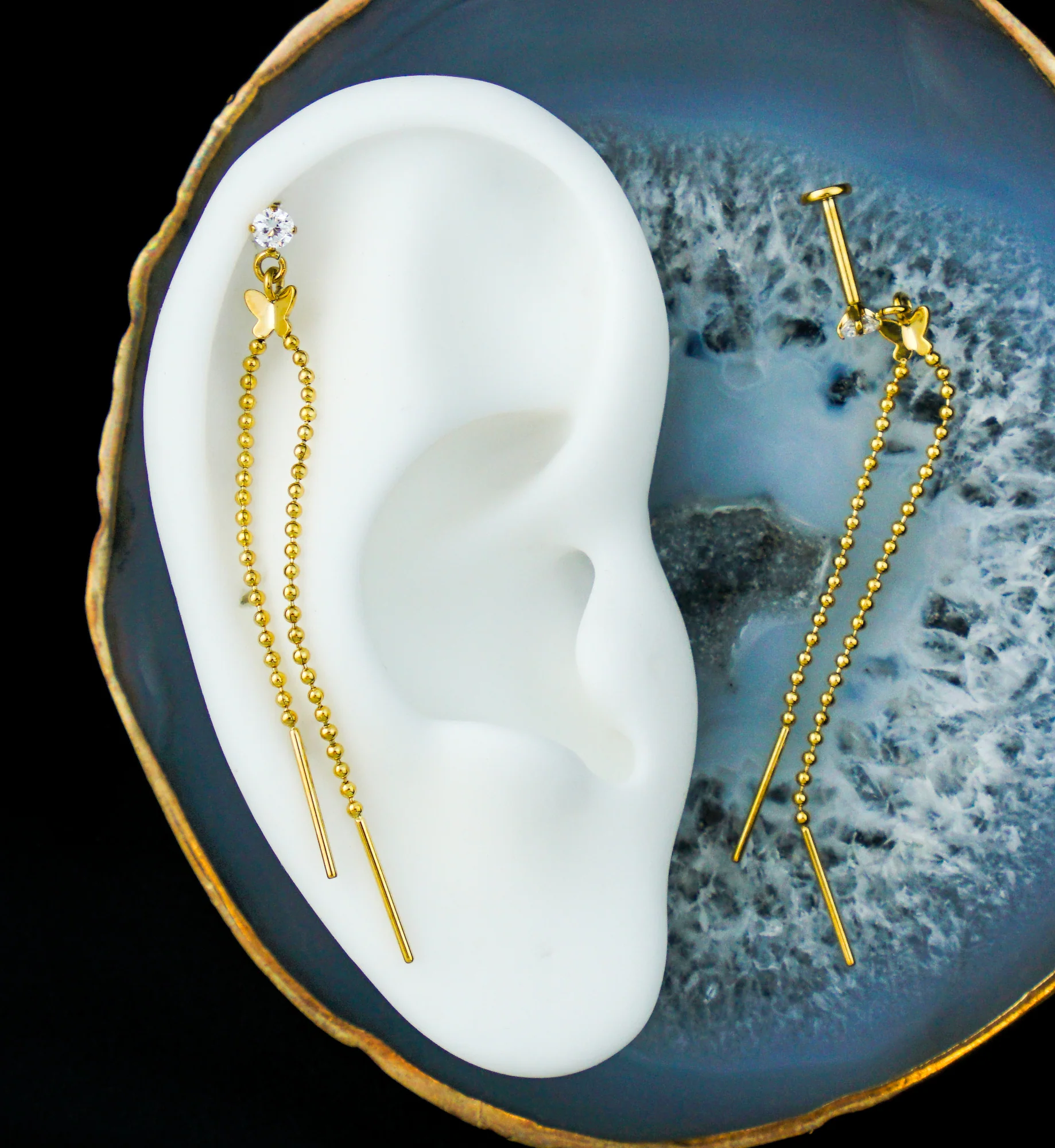 Gold PVD Butterfly Beaded Dangle Chain Stainless Steel Internally Threaded Labret - Mrs Treak