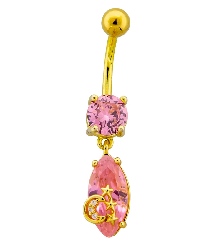 Gold PVD Celestial Pink CZ Stainless Steel Belly Button Ring - Mrs Treak