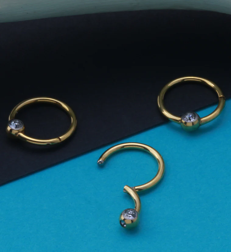 24kt PVD Gold Titanium Single CZ Hinged Segment Ring - Mrs Treak