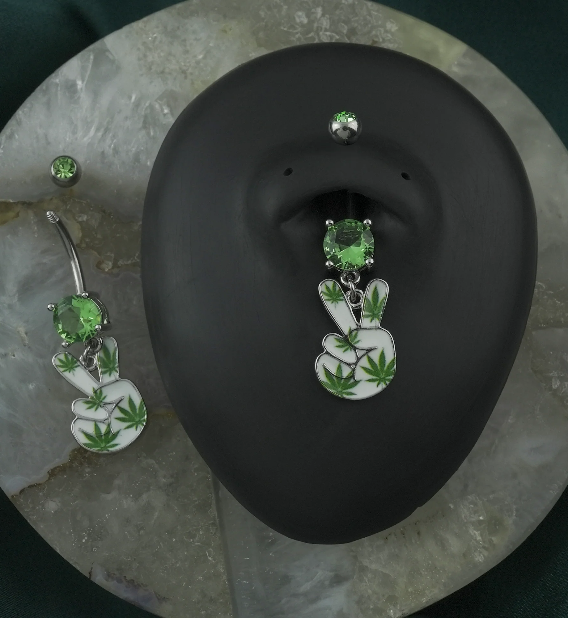 Hemp Peace Sign Green CZ Stainless Steel Belly Button Ring - Mrs Treak