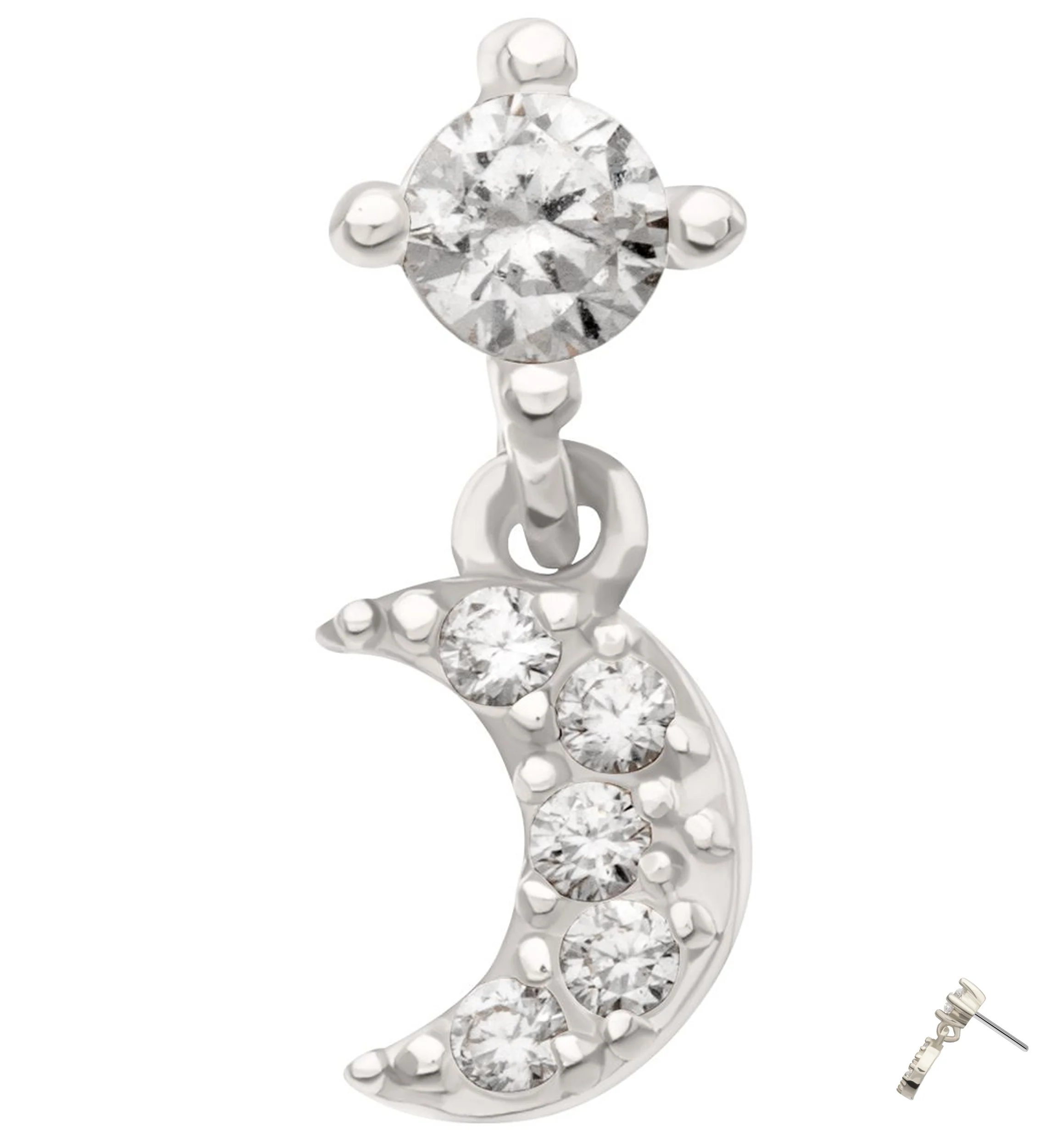 14kt White Gold Beaded Half Moon Clear CZ Dangle Threadless Top - Mrs Treak