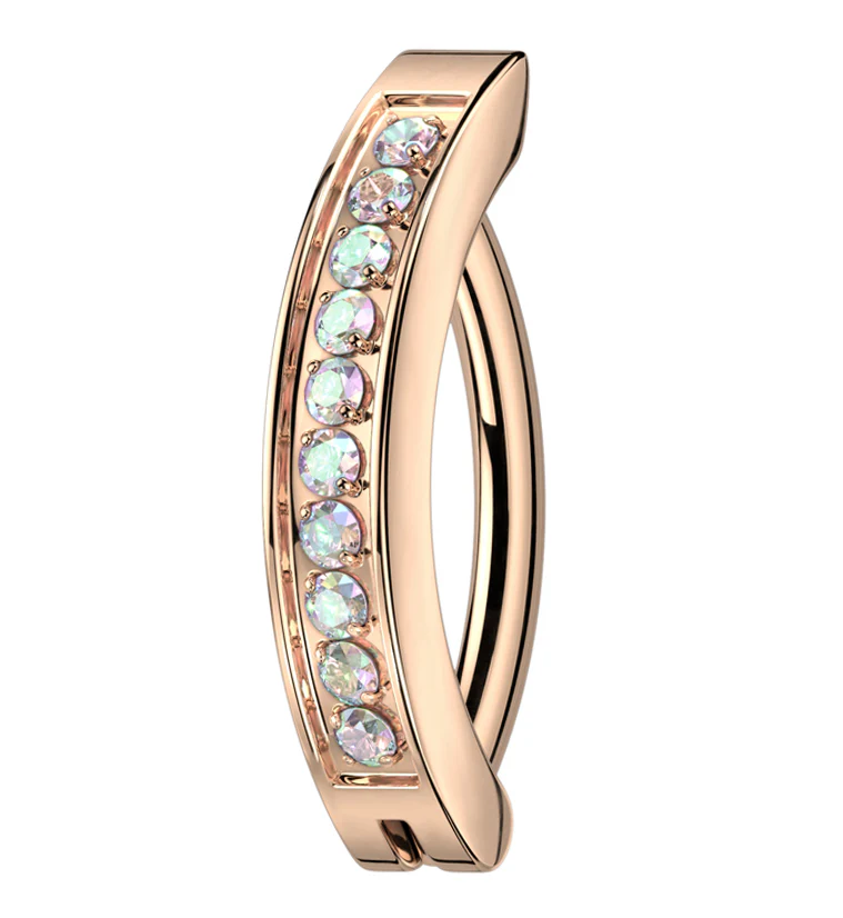 Rose Gold PVD Bar Rainbow Aurora CZ Stainless Steel Hinged Belly Button Ring - Mrs Treak