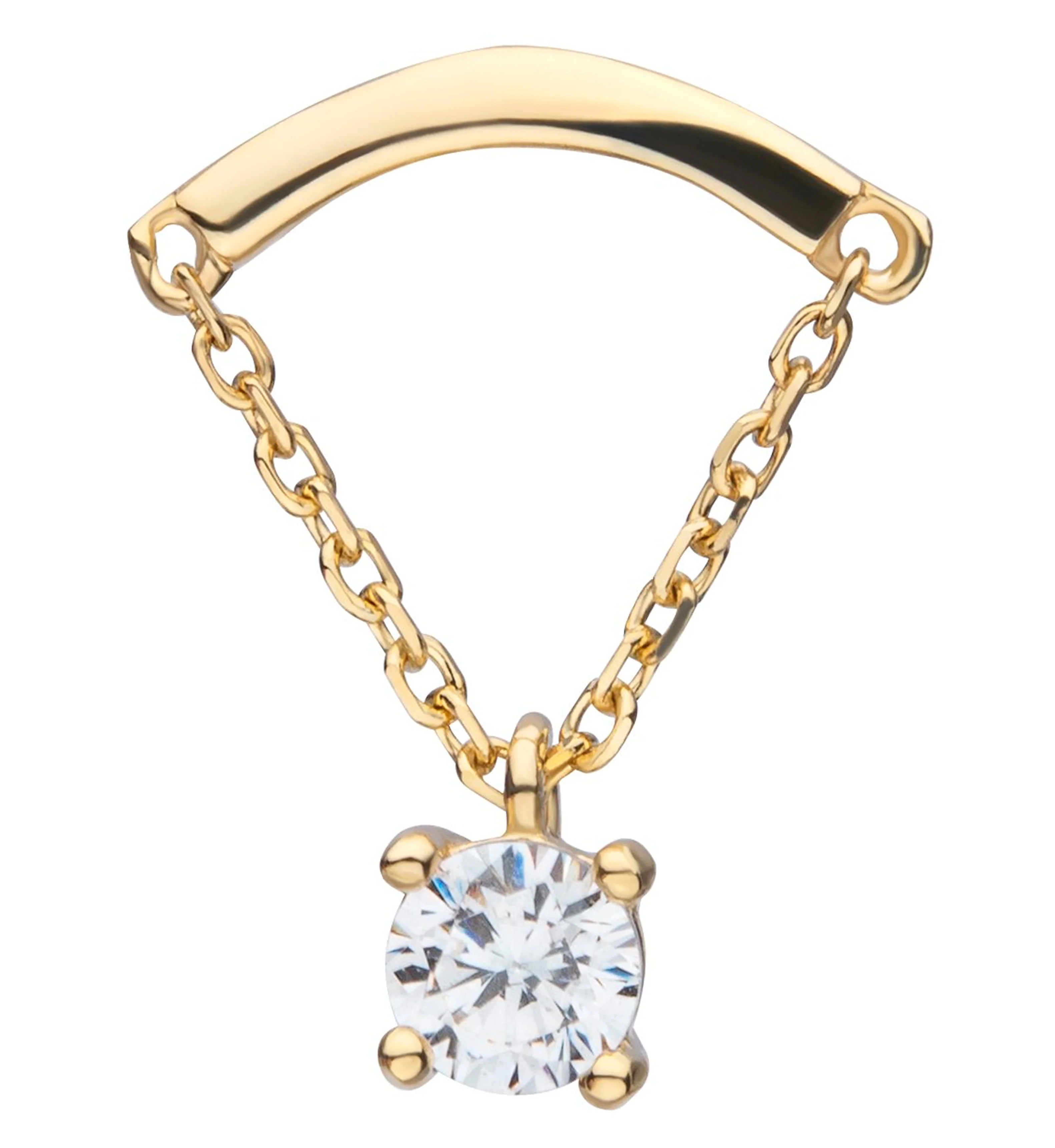 14kt Gold Curved Bar Single Clear CZ Dangle Chain Threadless Top - Mrs Treak