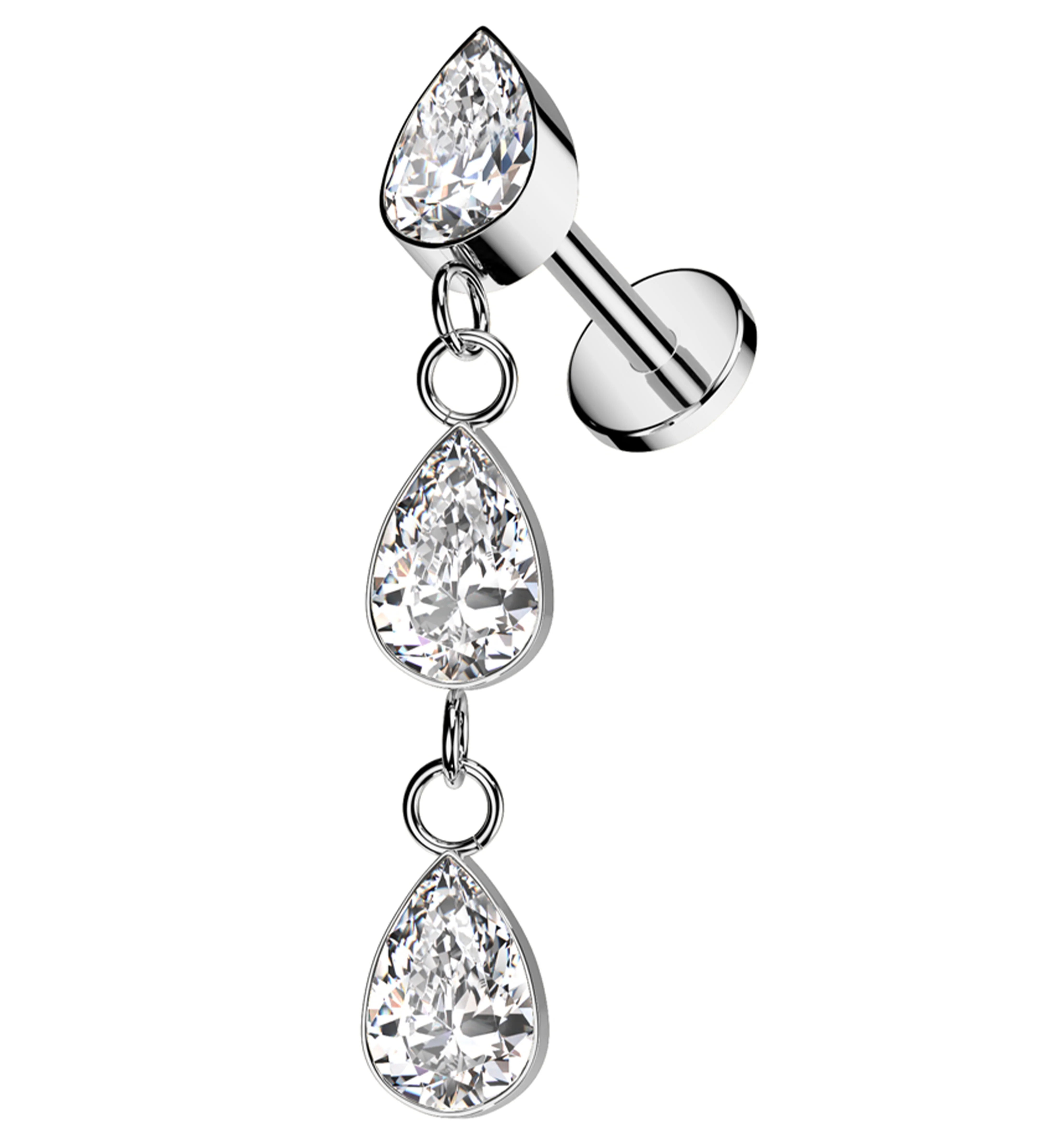 Triple Bezel Teardrop Dangle Clear CZ Titanium Internally Threaded Labret - Mrs Treak