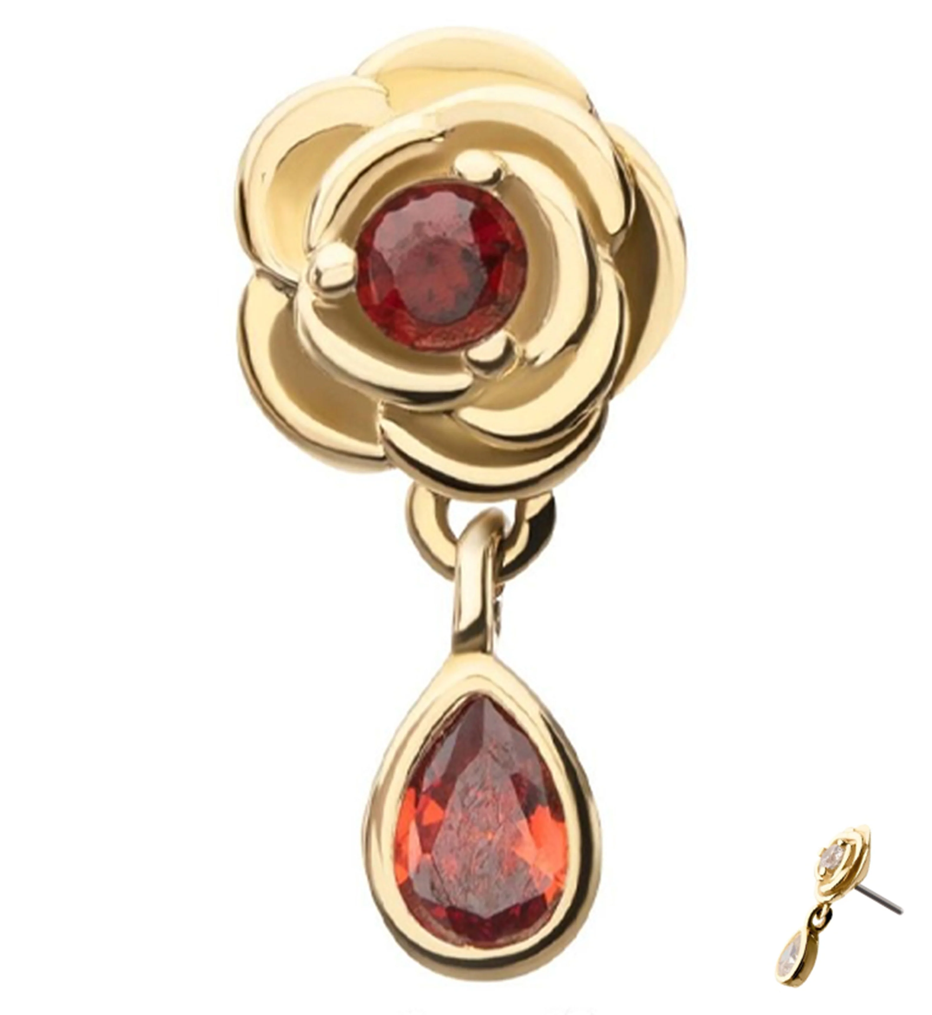 14kt Gold Rose Dangle Teardrop Red CZ Threadless Top - Mrs Treak
