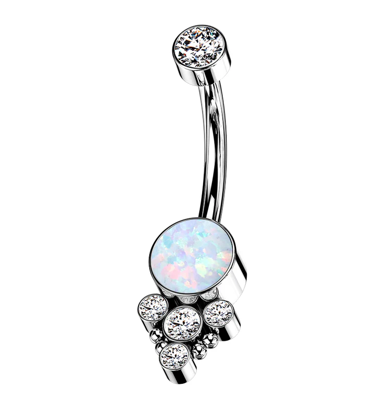 White Opalite Drop Bead Clear CZ Titanium Internally Threaded Belly Button Ring - Mrs Treak