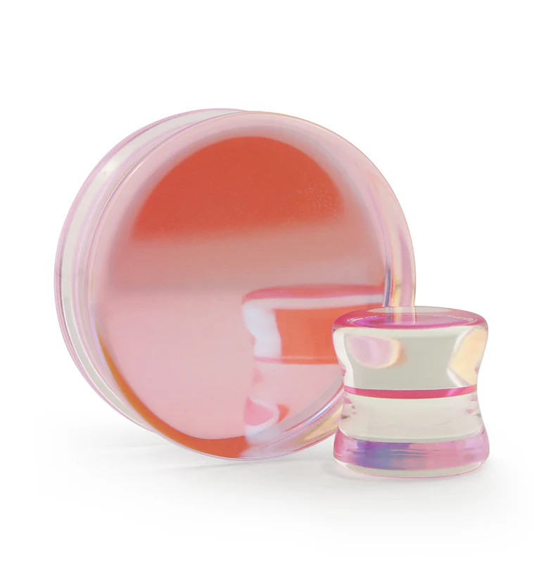 Pink Iridescent Glass Double Flare Plugs - Mrs Treak