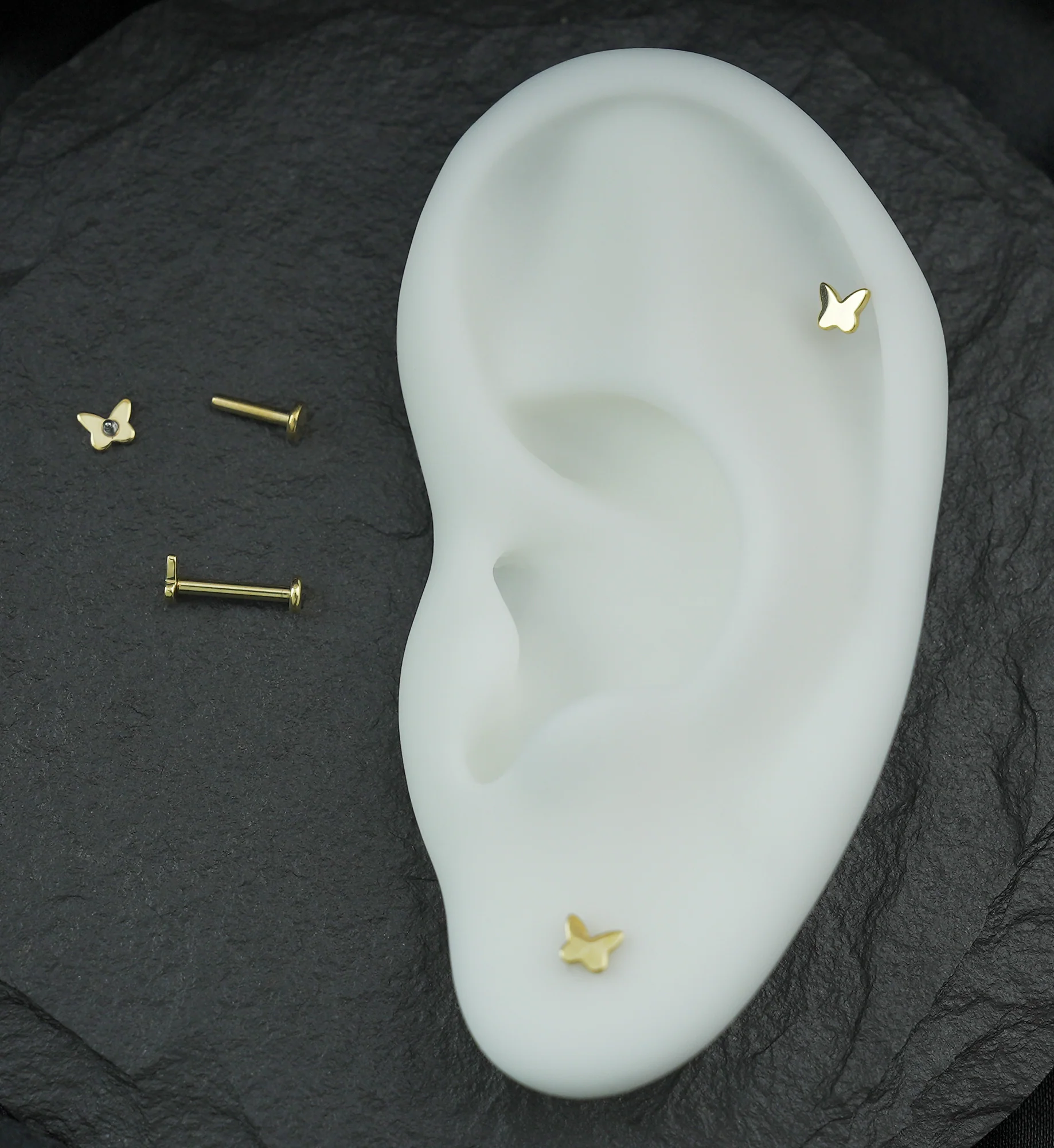 Gold PVD Bubble Butterfly Internally Threaded Titanium Labret - Mrs Treak