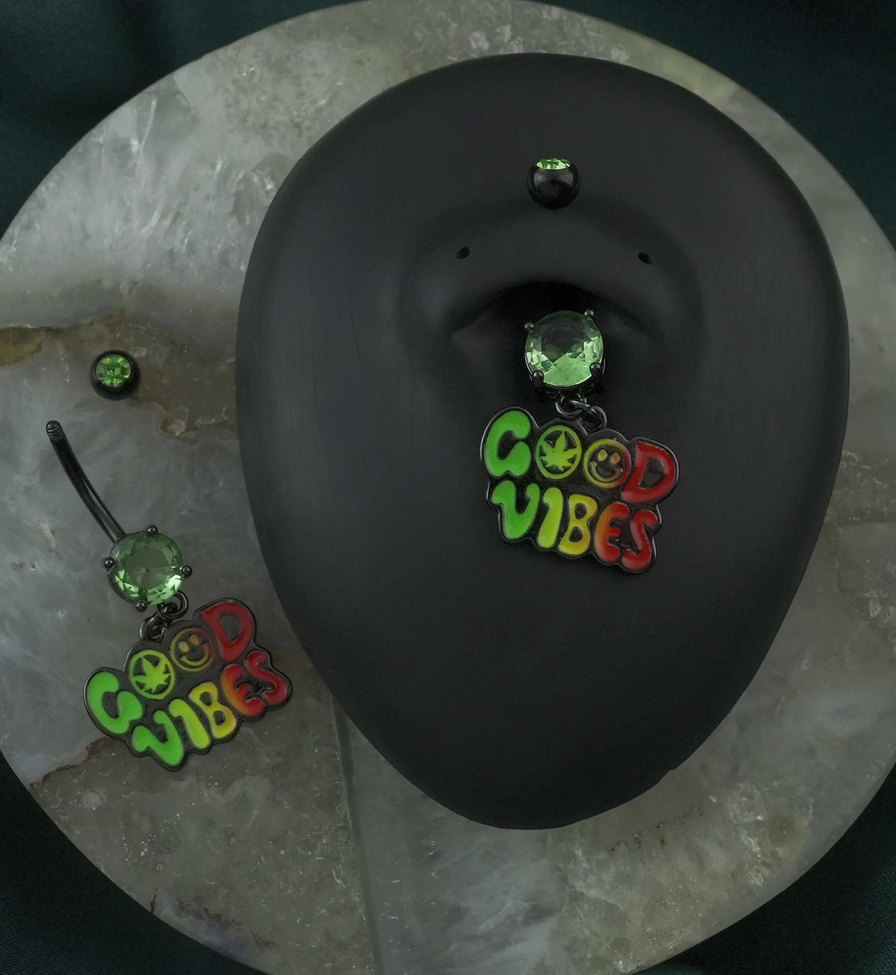 Black PVD Good Vibes Green CZ Stainless Steel Belly Button Ring - Mrs Treak