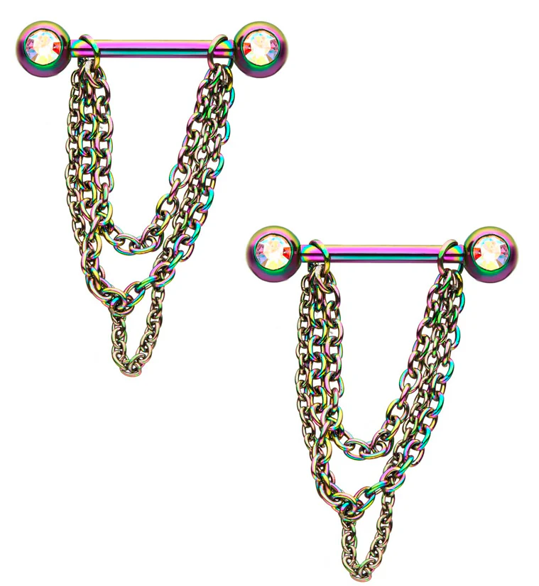 14G Rainbow PVD Rainbow Aurora CZ Chained Nipple Rings Barbell - Mrs Treak