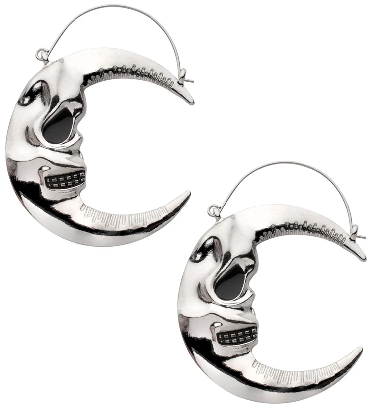 Crescent Moon Skull Stainless Steel Plug Hoops - Mrs Treak