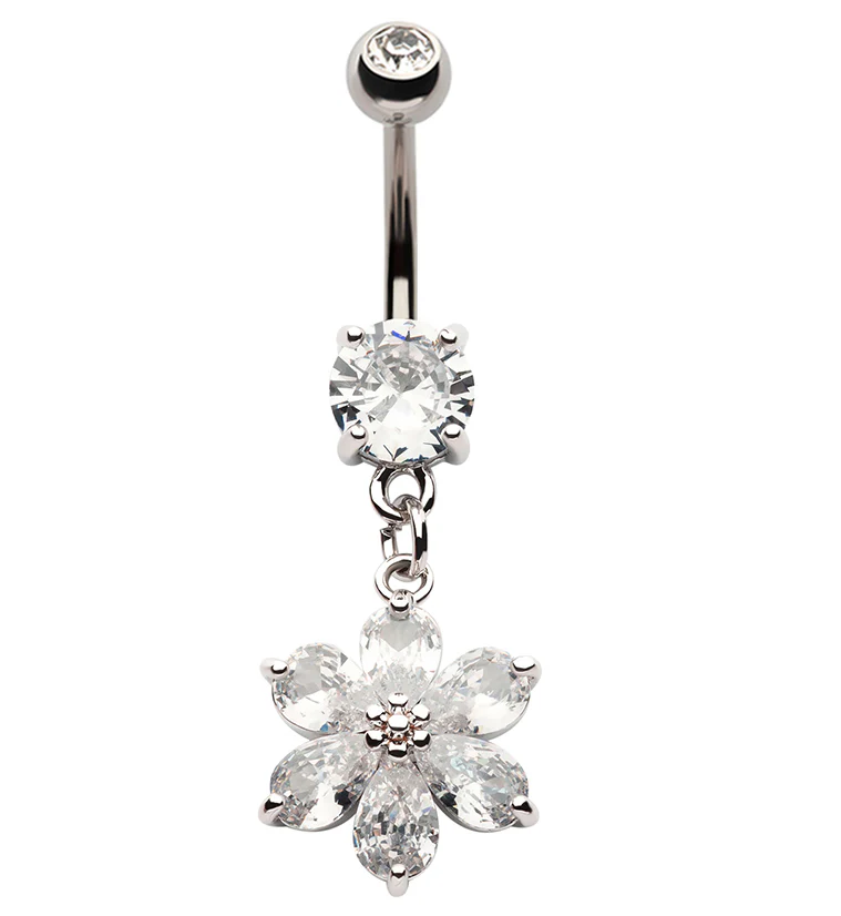 Flower Pear CZ Dangle Stainless Steel Belly Button Ring - Mrs Treak