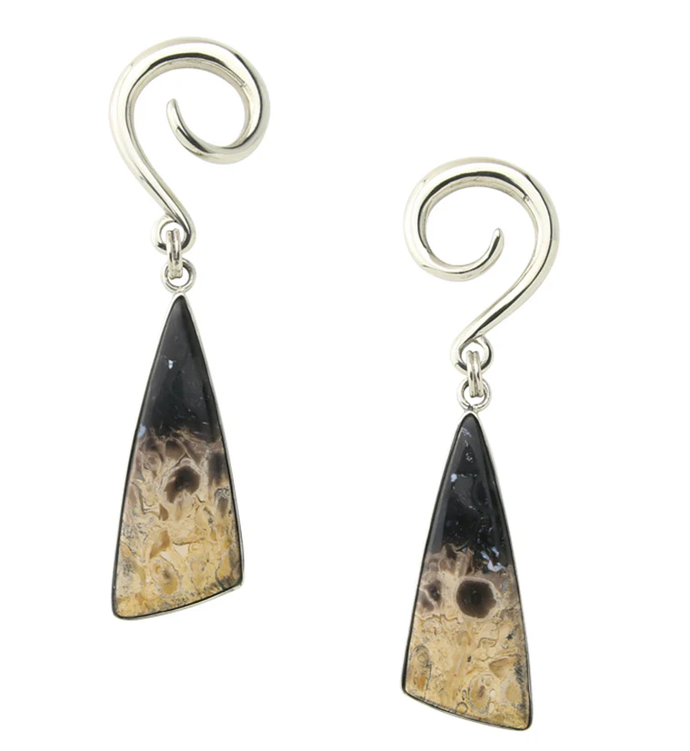 Black Flame Petrified Palm Root Stone White Brass Ear Weights Version 3 - Mrs Treak