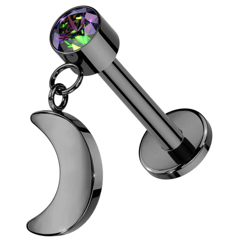 Black PVD Half Moon Dangle Black Aurora CZ Titanium Threadless Labret - Mrs Treak