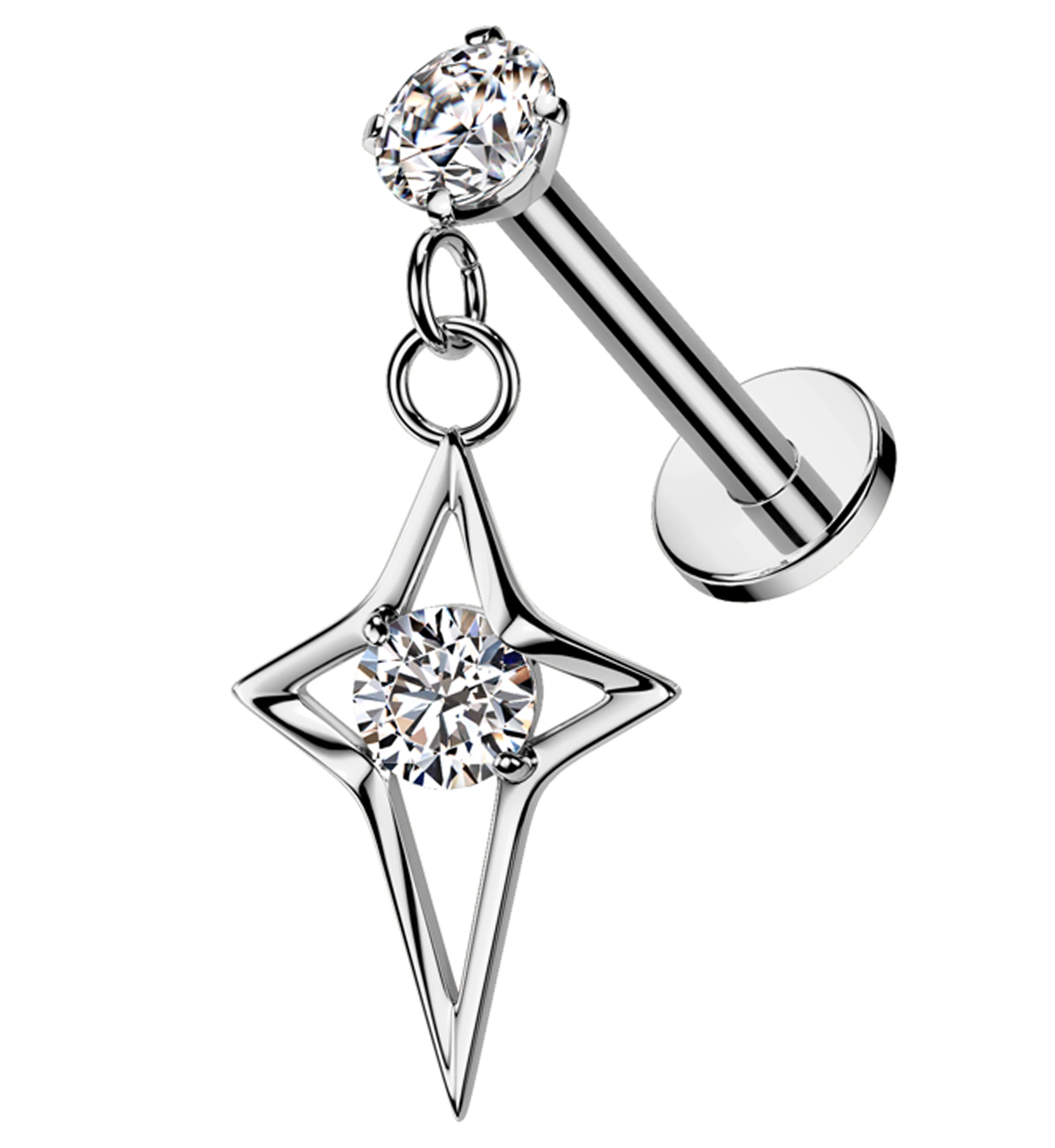 Four Point Star Dangle Clear CZ Internally Threaded Stainless Steel Labret - Mrs Treak