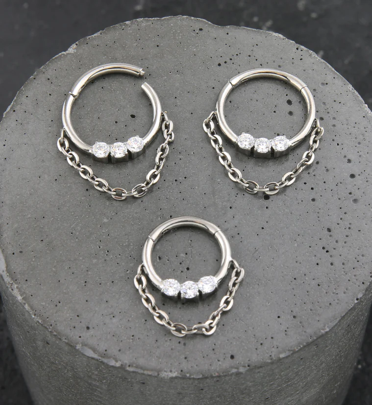 Triple Clear CZ Dangle Chain Titanium Hinged Segment Ring - Mrs Treak
