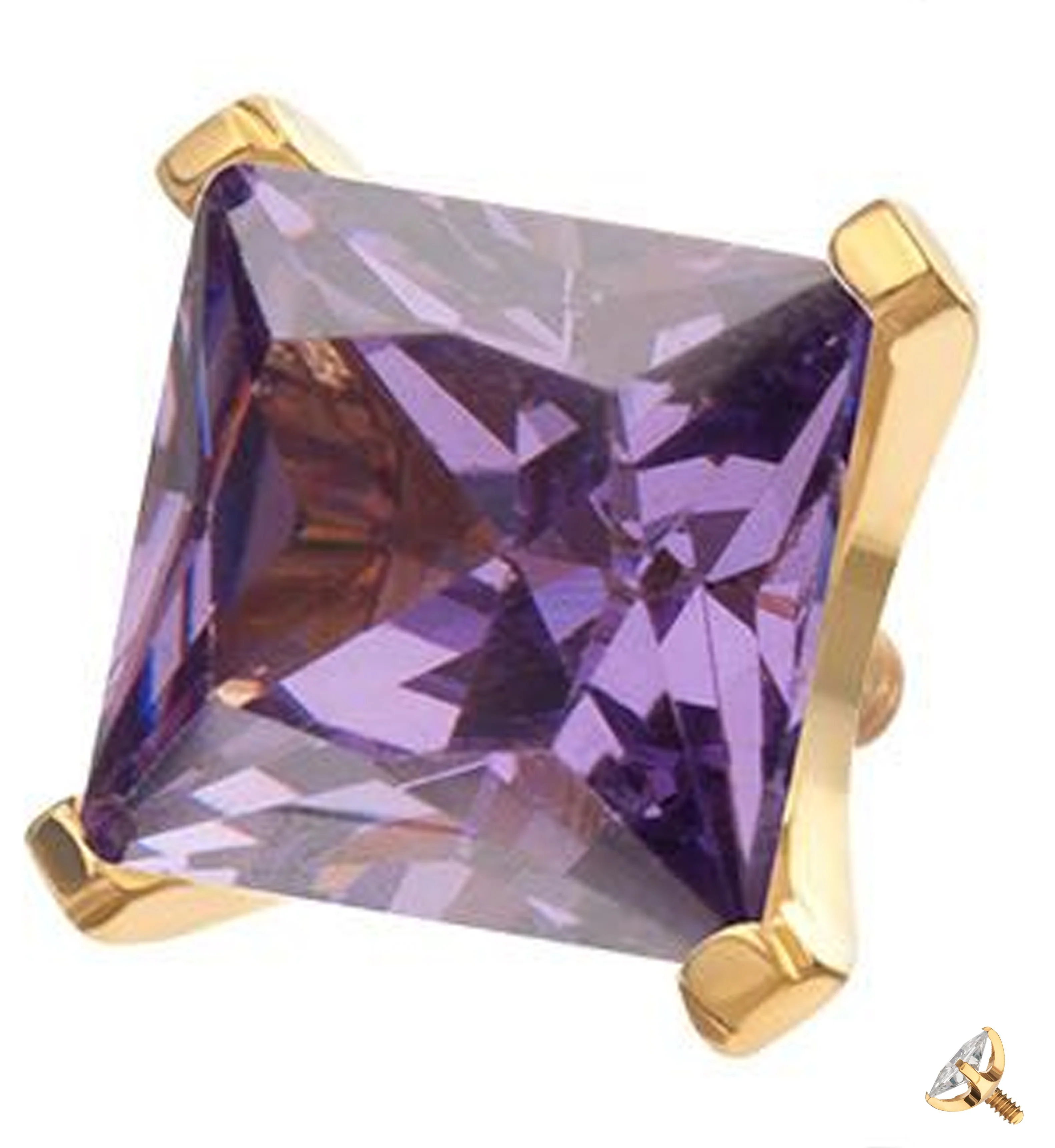 24kt Gold PVD Princess Amethyst CZ Internally Threaded Titanium Top - Mrs Treak