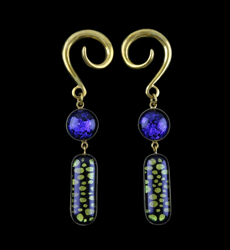 Blue & Yellow Polka Double Dichroic Plane Glass Brass Ear Weights - Mrs Treak