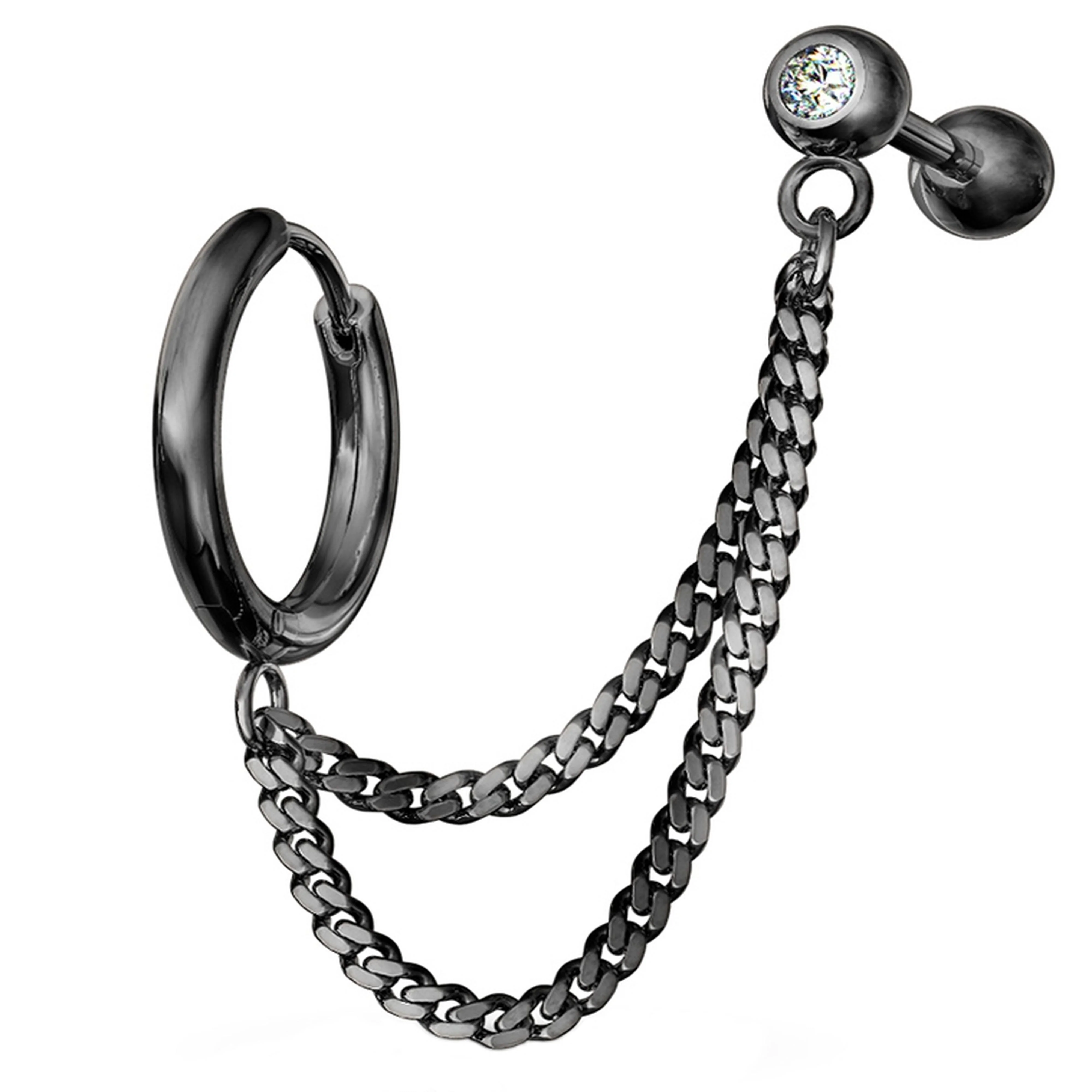 Black PVD Double Linked Hinged Hoop Ring & CZ Cartilage Barbell - Mrs Treak