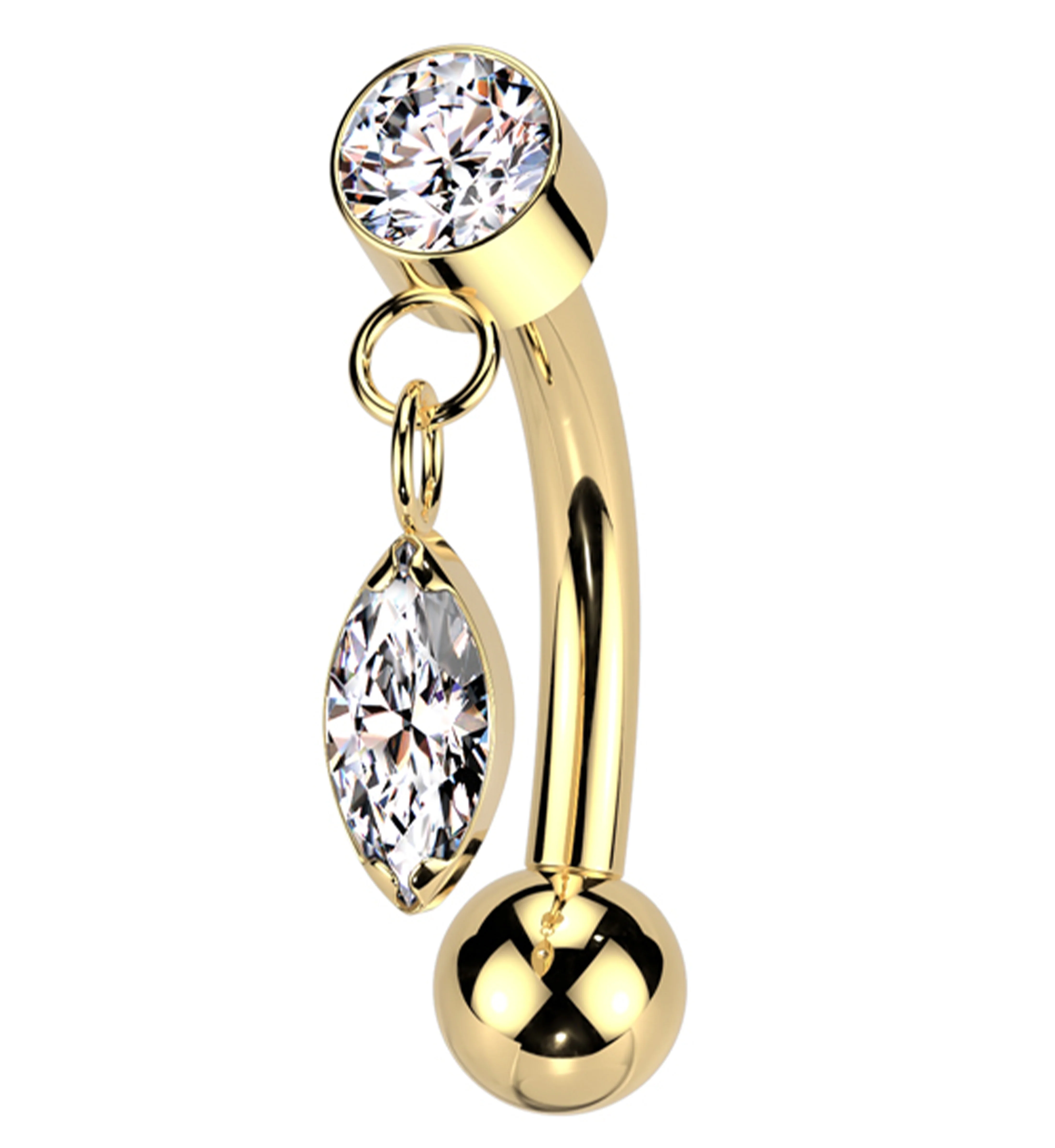 Gold PVD Marquise Dangle Clear CZ Titanium Threadless Curved Barbell - Mrs Treak