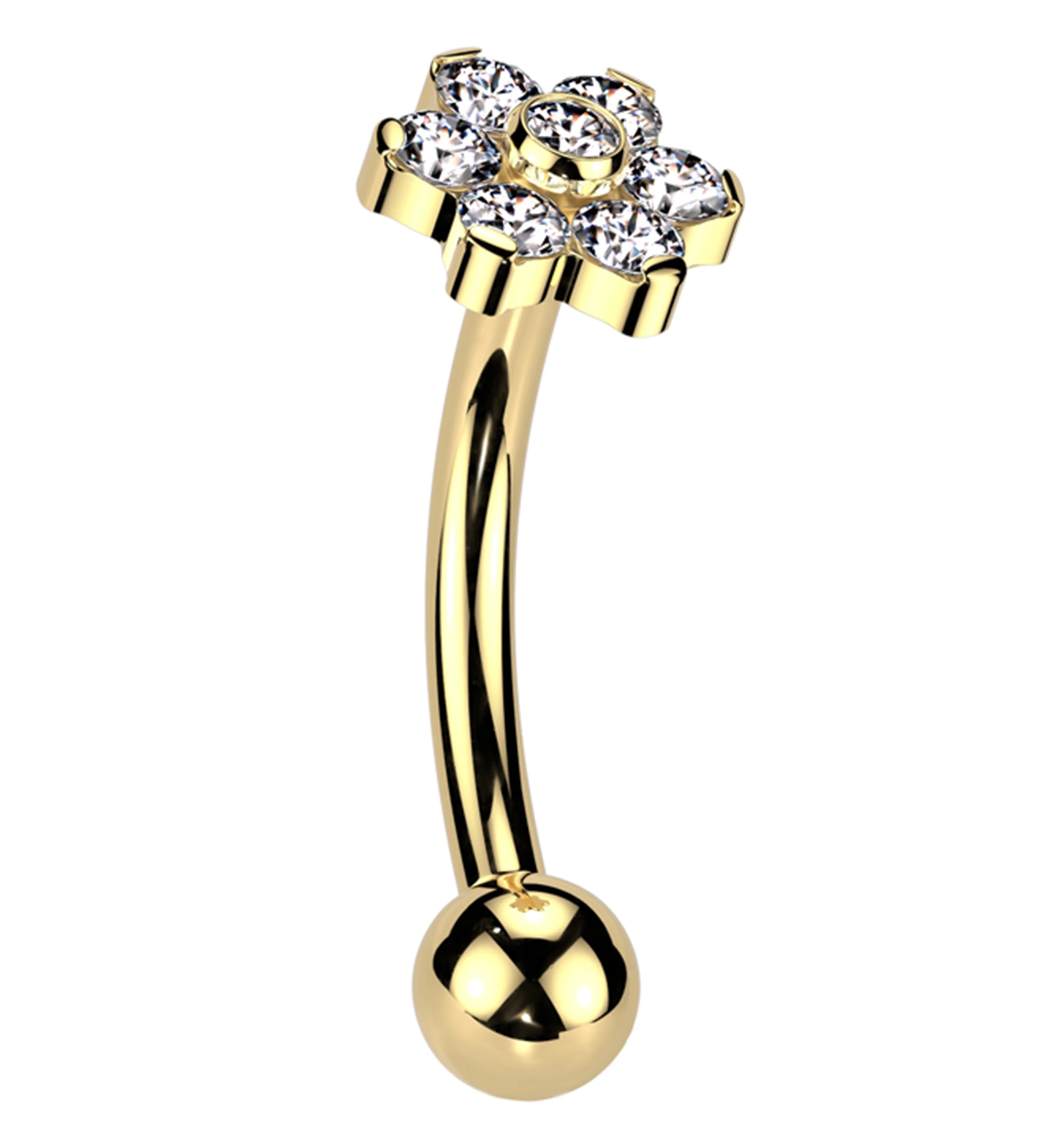 Gold PVD Flower Clear CZ Titanium Threadless Curved Barbell - Mrs Treak