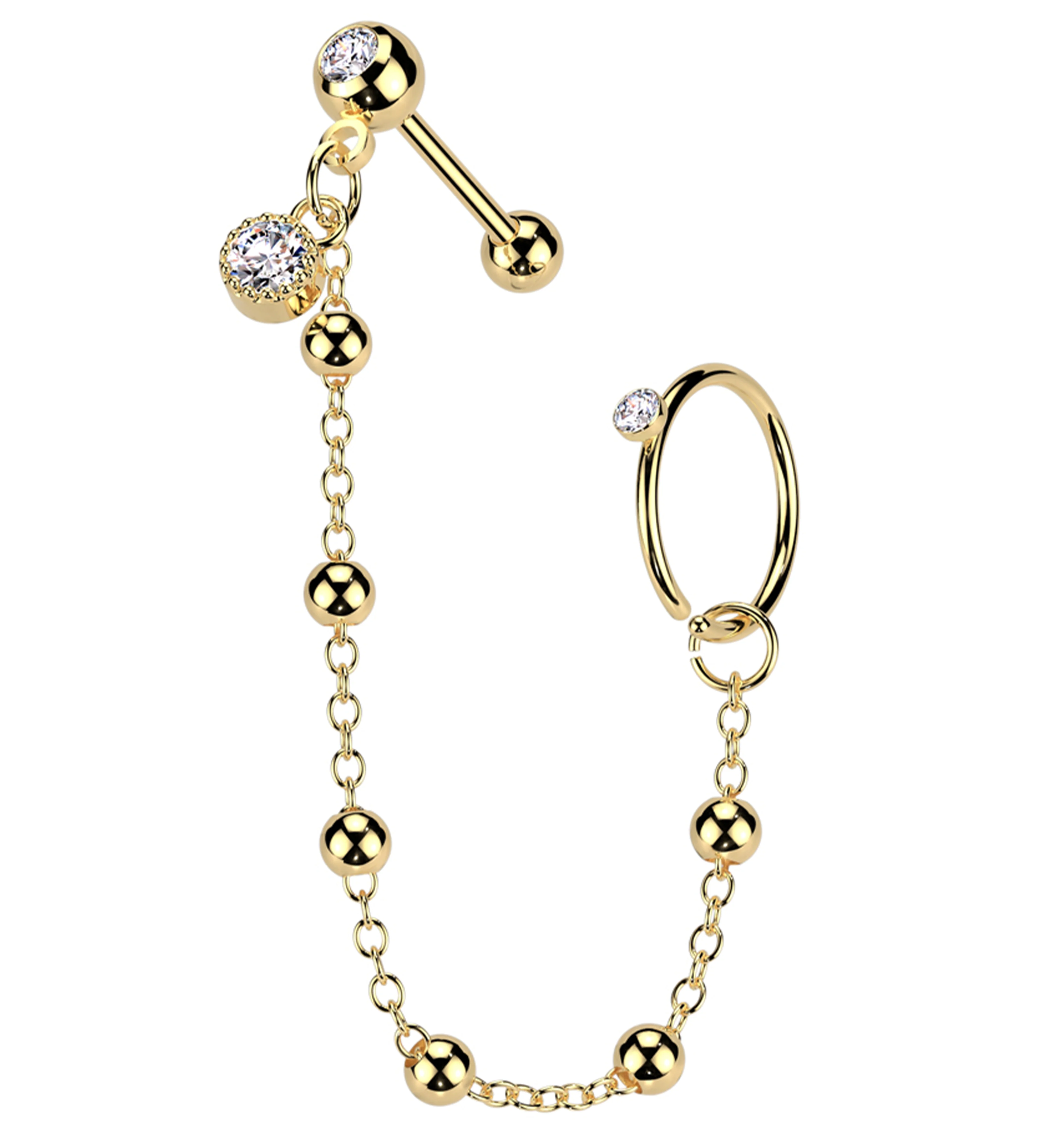 Gold PVD Hoop/Barbell Clear CZ Stainless Steel Ball Piercing Chain - Mrs Treak