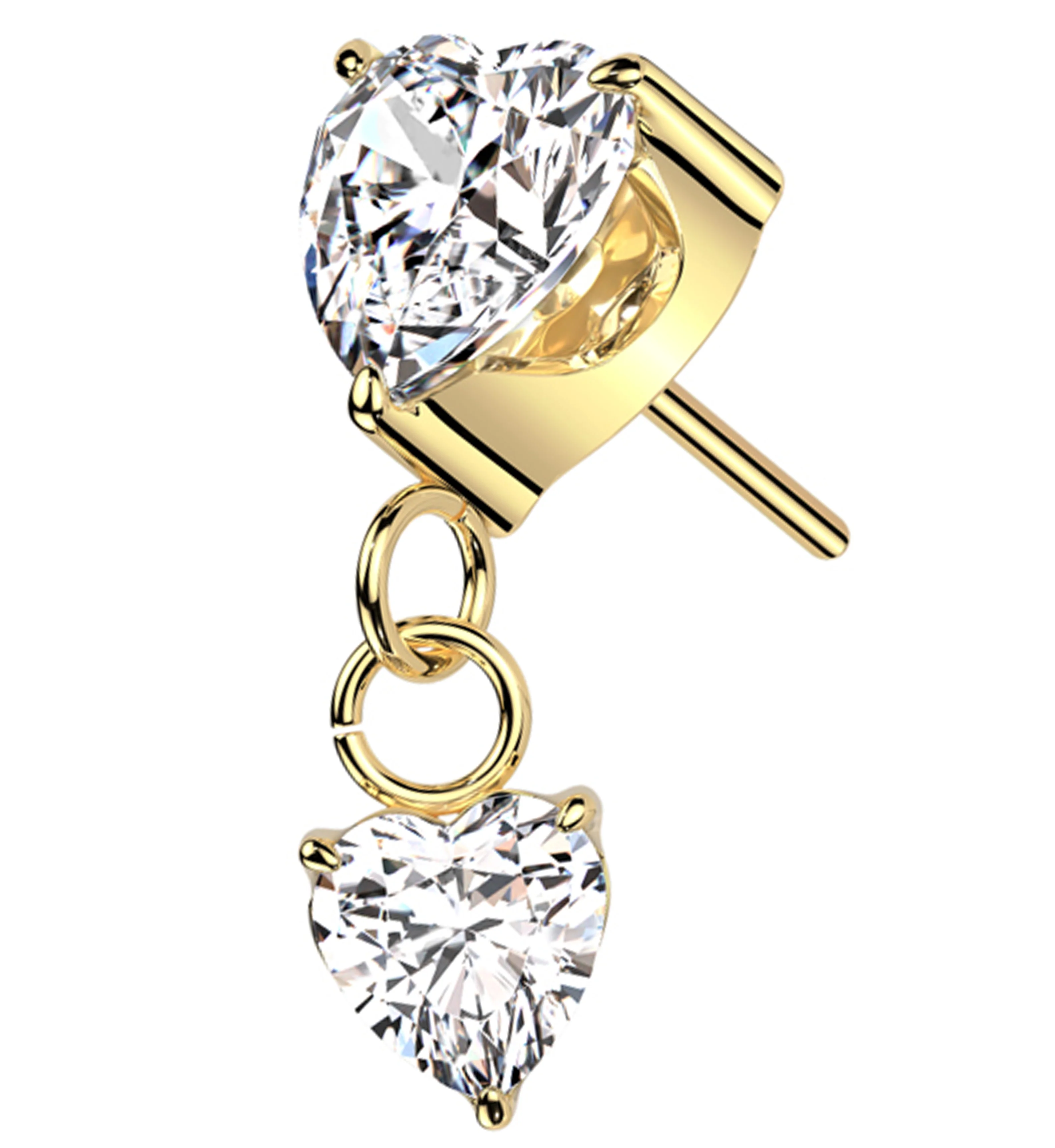 Gold PVD Double Heart Dangle CZ Threadless Titanium Top - Mrs Treak