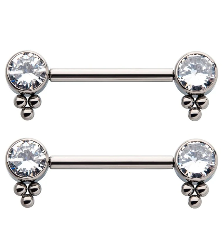 14G Double Drop Bead CZ Threadless Titanium Nipple Ring Barbell - Mrs Treak