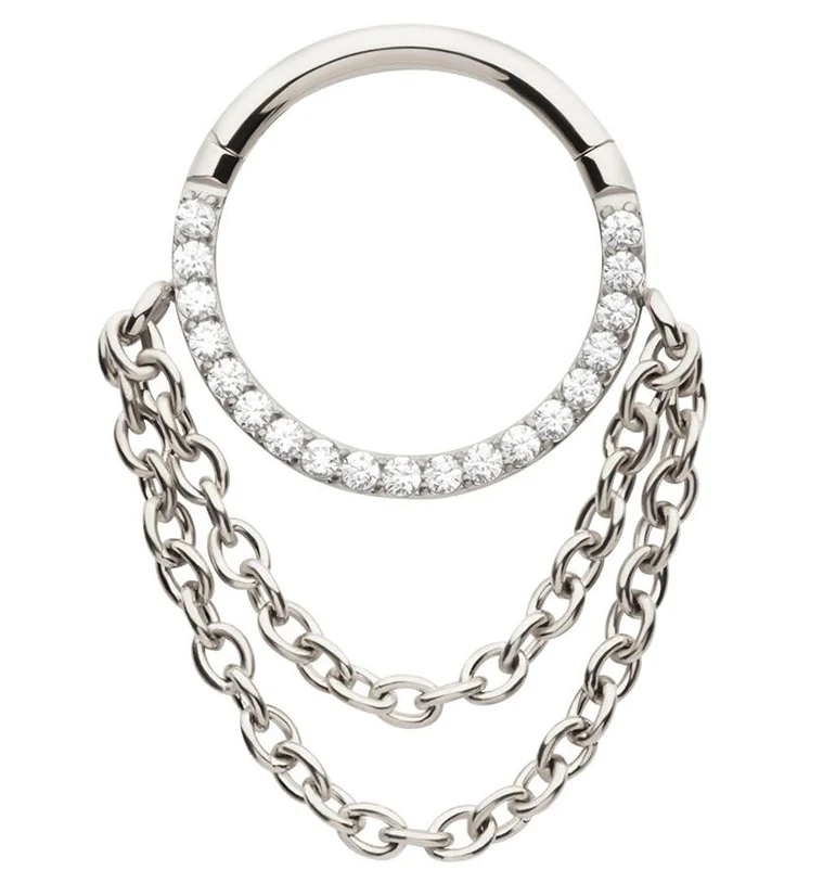 Pave CZ Double Dangle Chain Stainless Steel Hinged Segment Ring - Mrs Treak