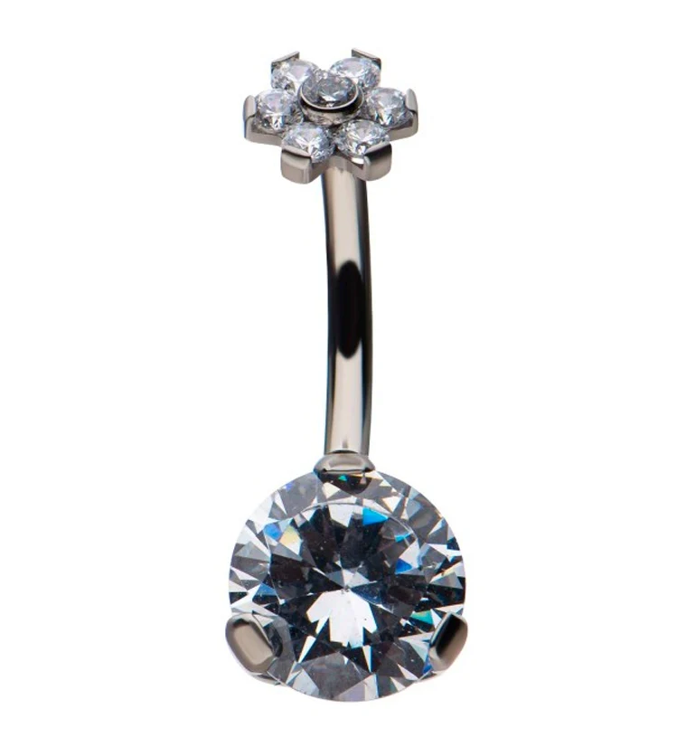 Clear CZ Flower Top Titanium Belly Button Ring - Mrs Treak