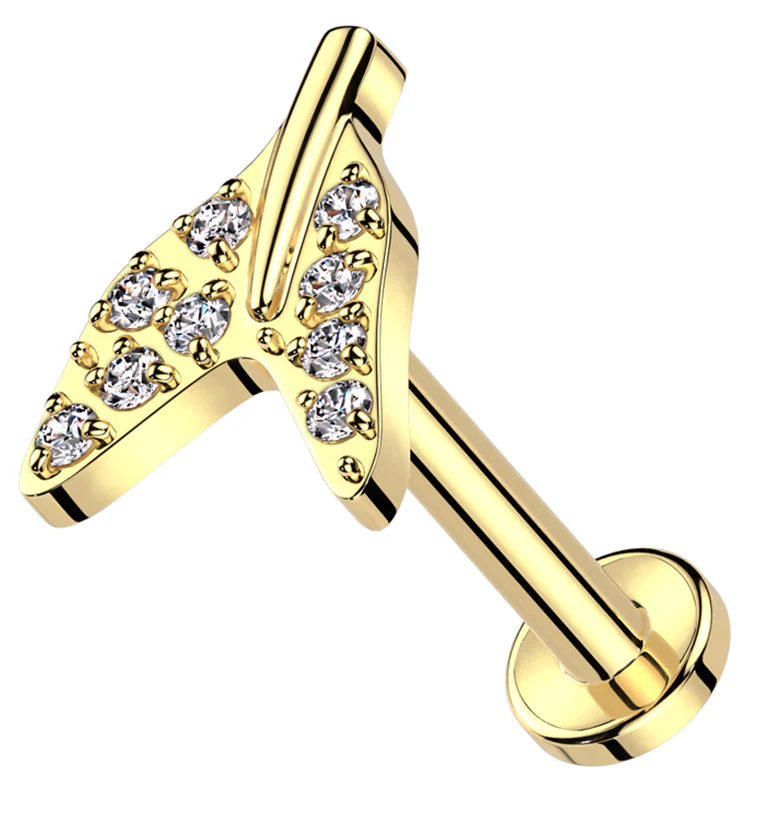 Gold PVD Tail Fin Clear CZ Internally Threaded Titanium Labret - Mrs Treak