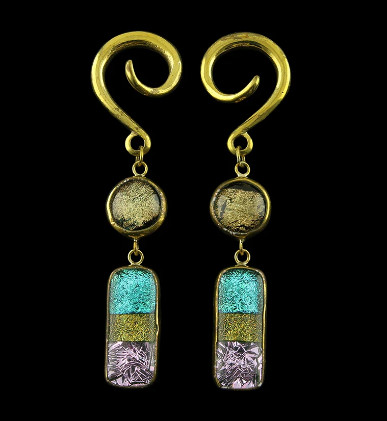 Golden Sunrise Double Oblong Dichroic Glass Brass Ear Weights - Mrs Treak
