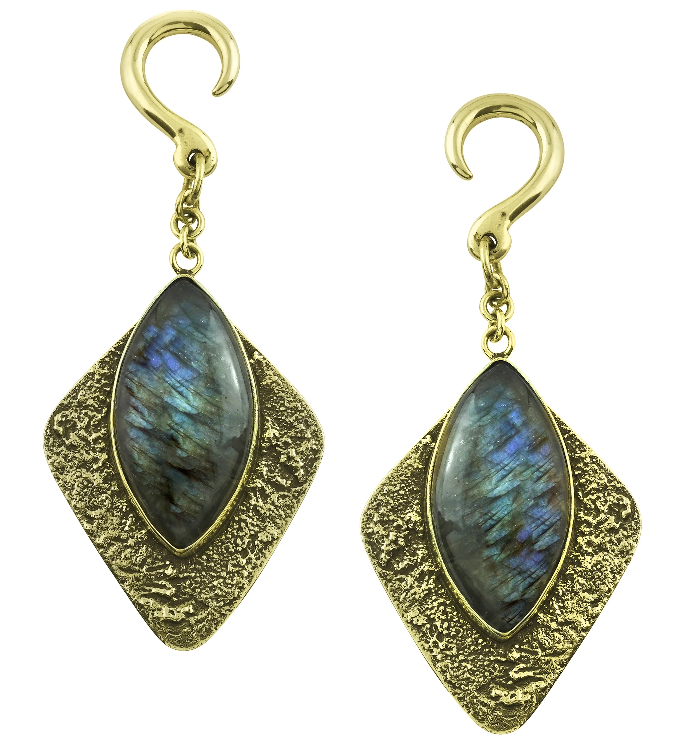 Sense Oval Labradorite Stone Hanging Brass Ear Weights - Mrs Treak