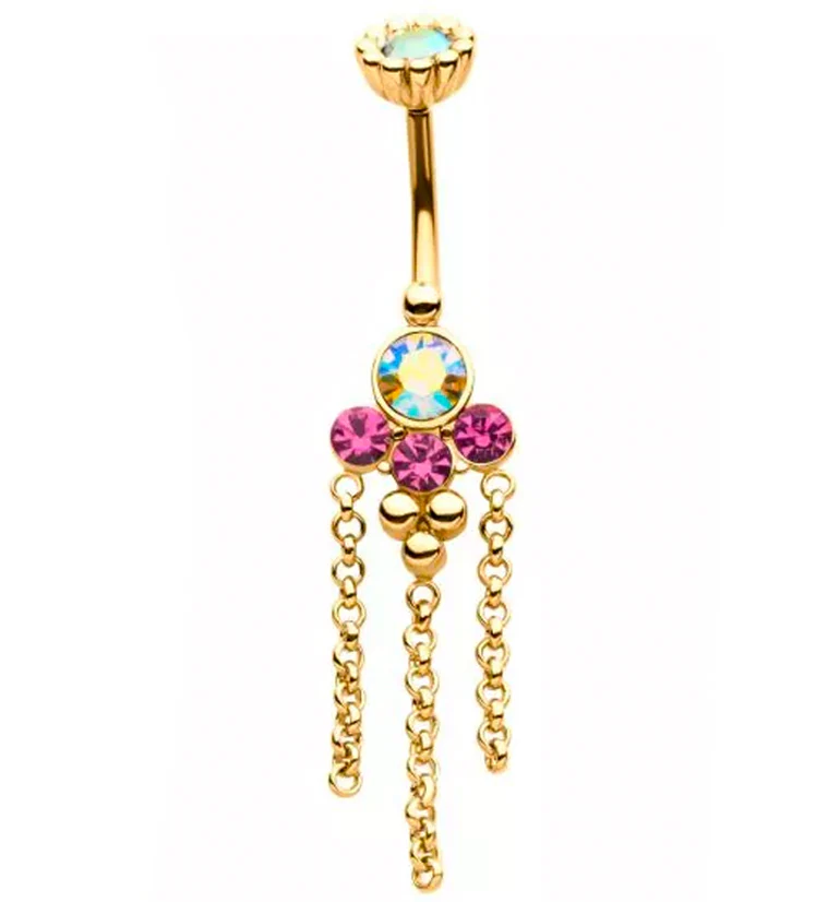 Gold PVD Pink and Rainbow Aurora CZ Array Dangle Chain Belly Button Ring - Mrs Treak