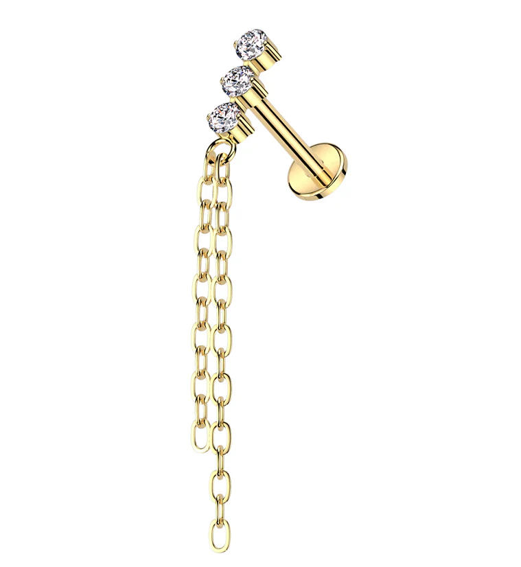 Gold PVD Stacked Triple Clear CZ Dangle Chains Titanium Internally Threaded Labret - Mrs Treak