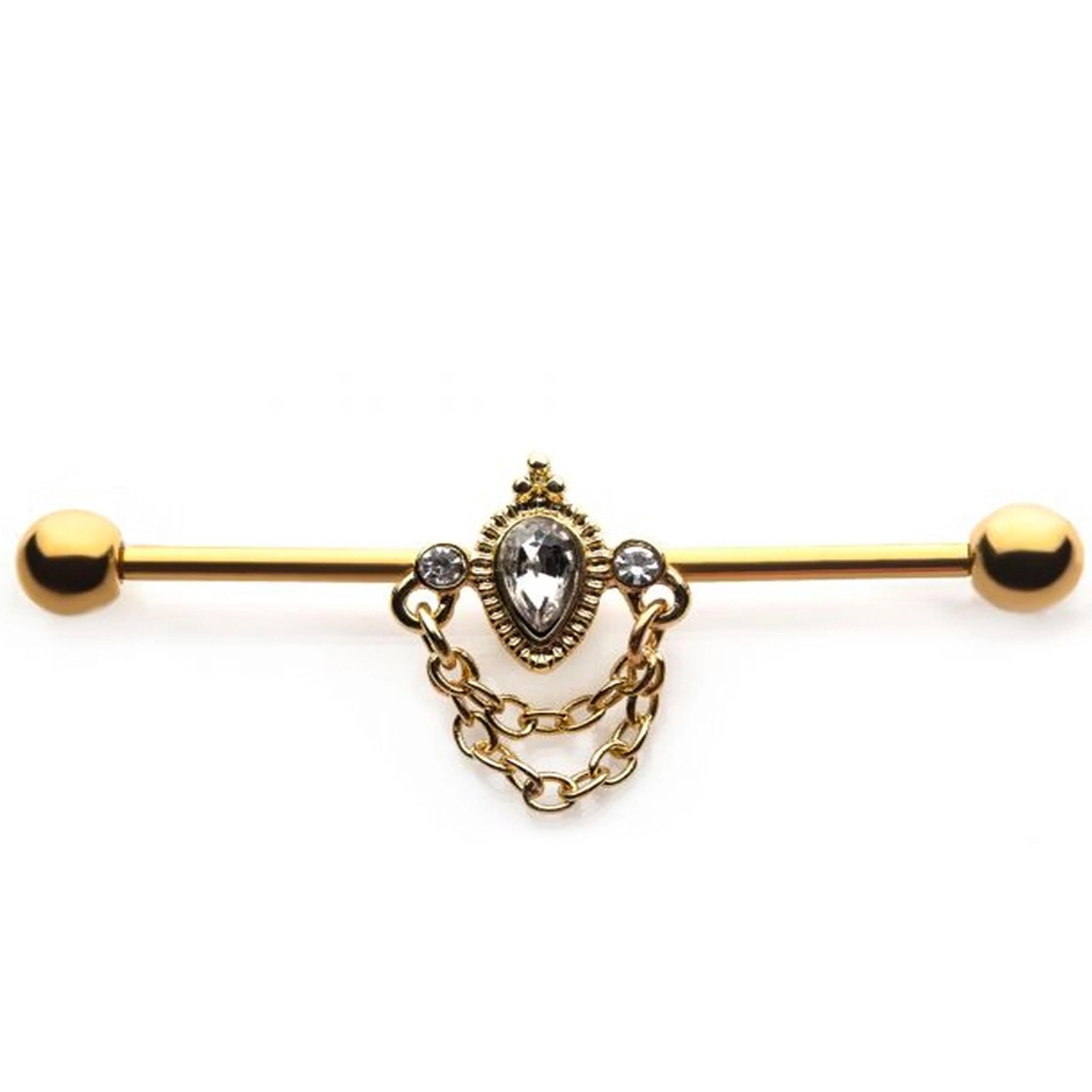 Gold PVD Teardrop Chained Industrial Barbell - Mrs Treak