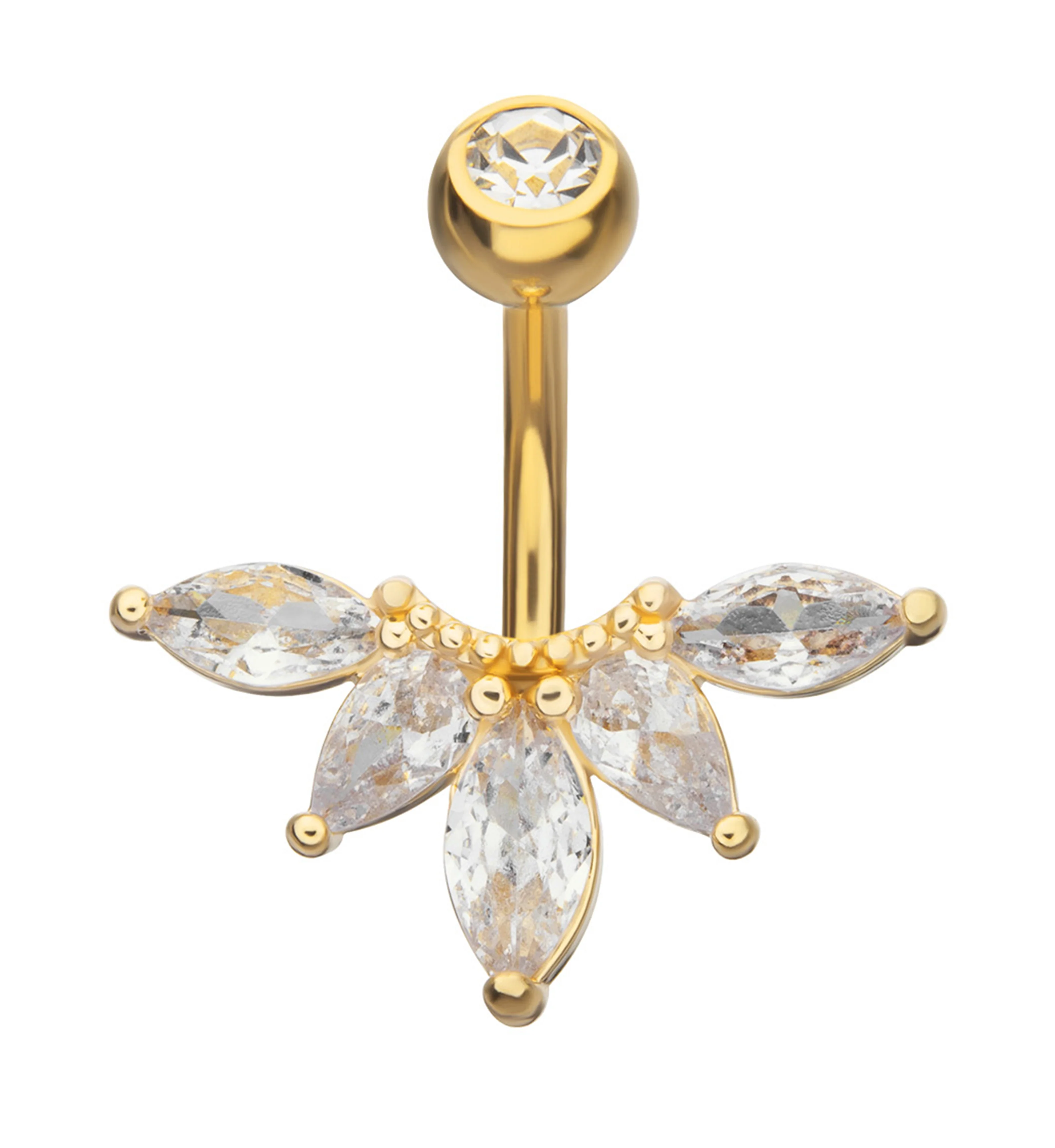 Gold PVD Beaded Horizontal Marquise Clear CZ Stainless Steel Belly Button Ring - Mrs Treak