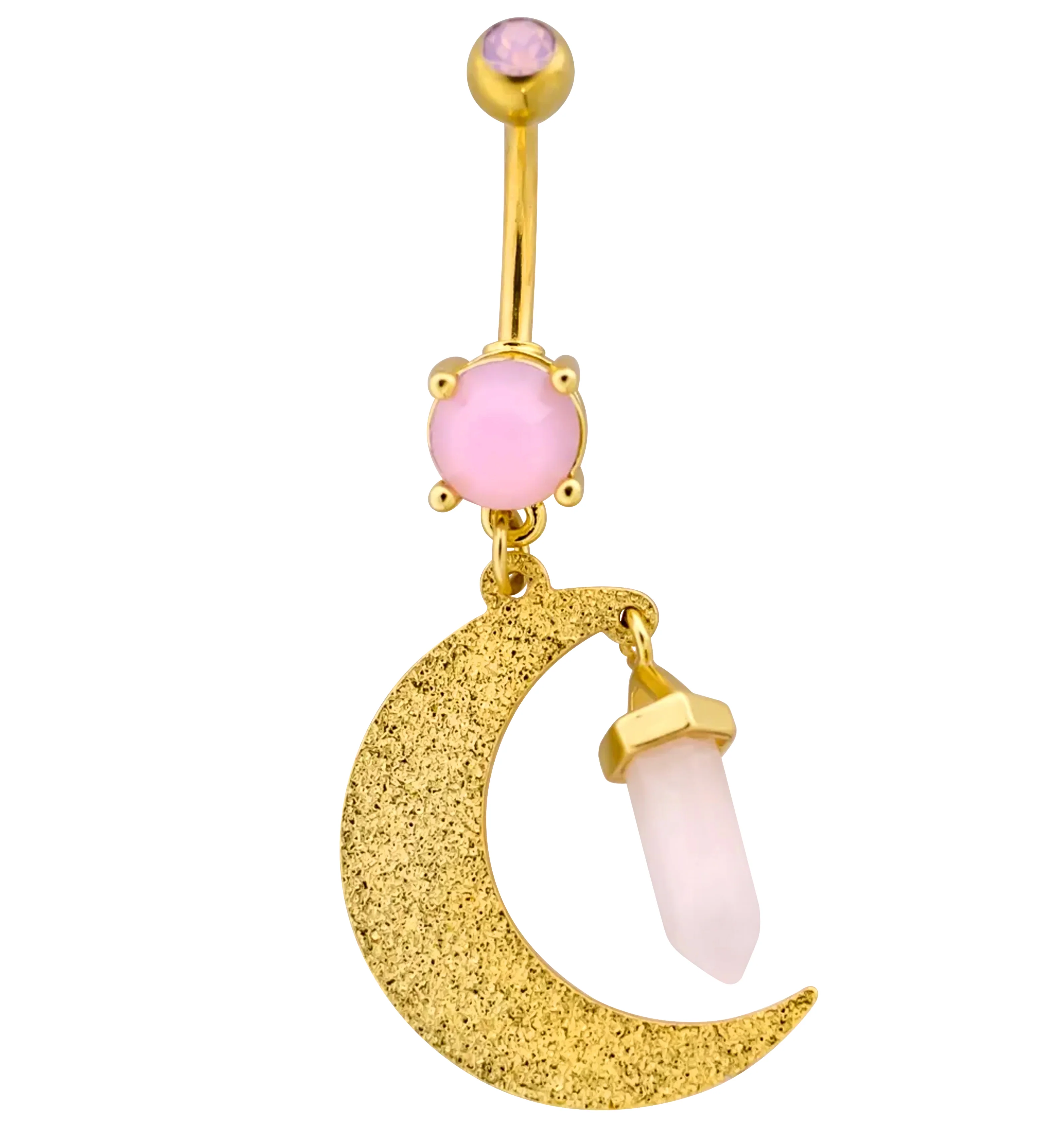 Gold PVD Crescent Moon Rose Quartz Dangle Stainless Steel Belly Button Ring - Mrs Treak