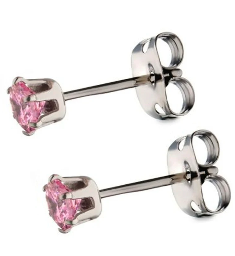 Pink CZ Prong Titanium Earrings - Mrs Treak