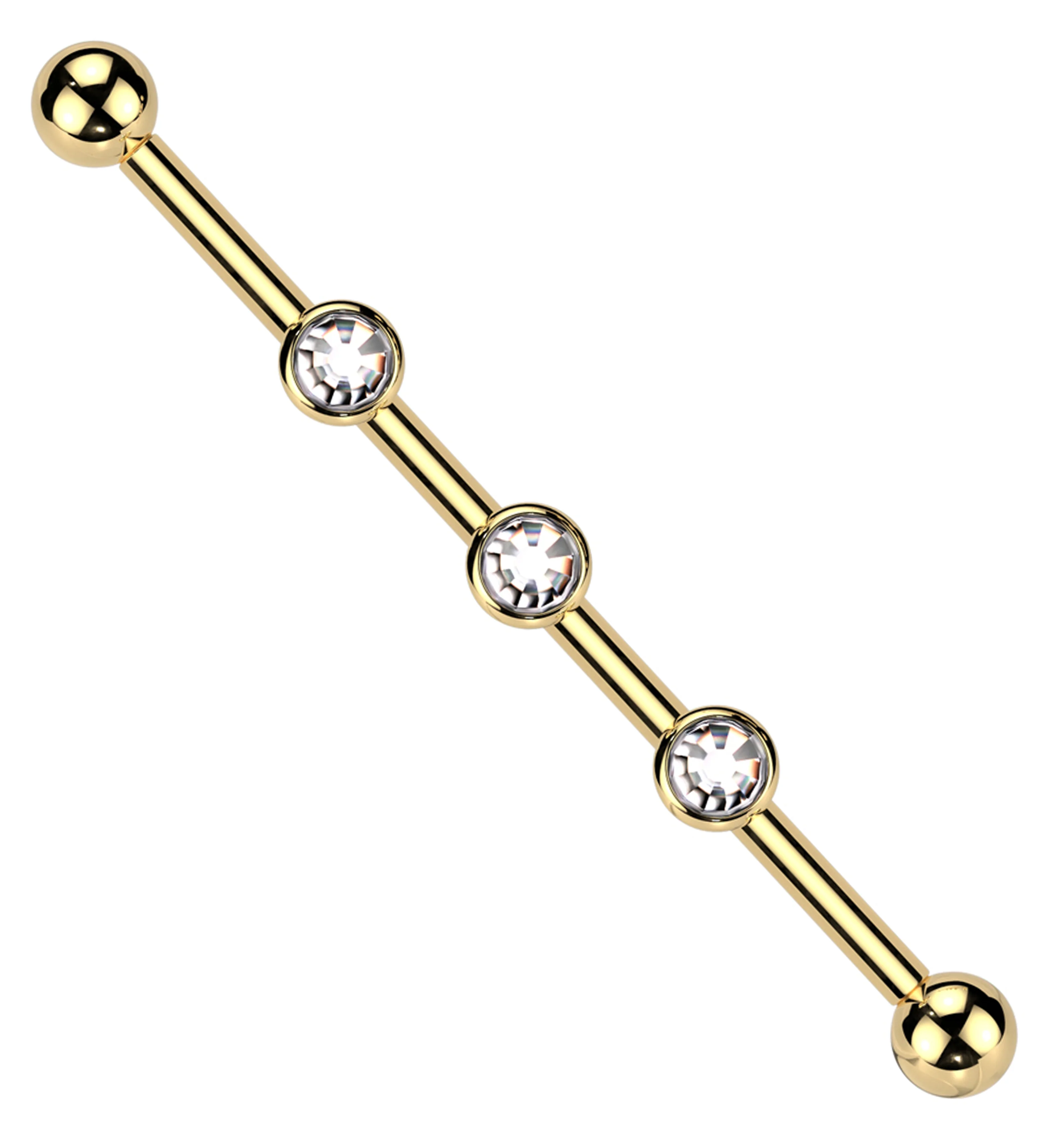 Gold PVD Triple Clear CZ Internally Threaded Titanium Industrial Barbell - Mrs Treak