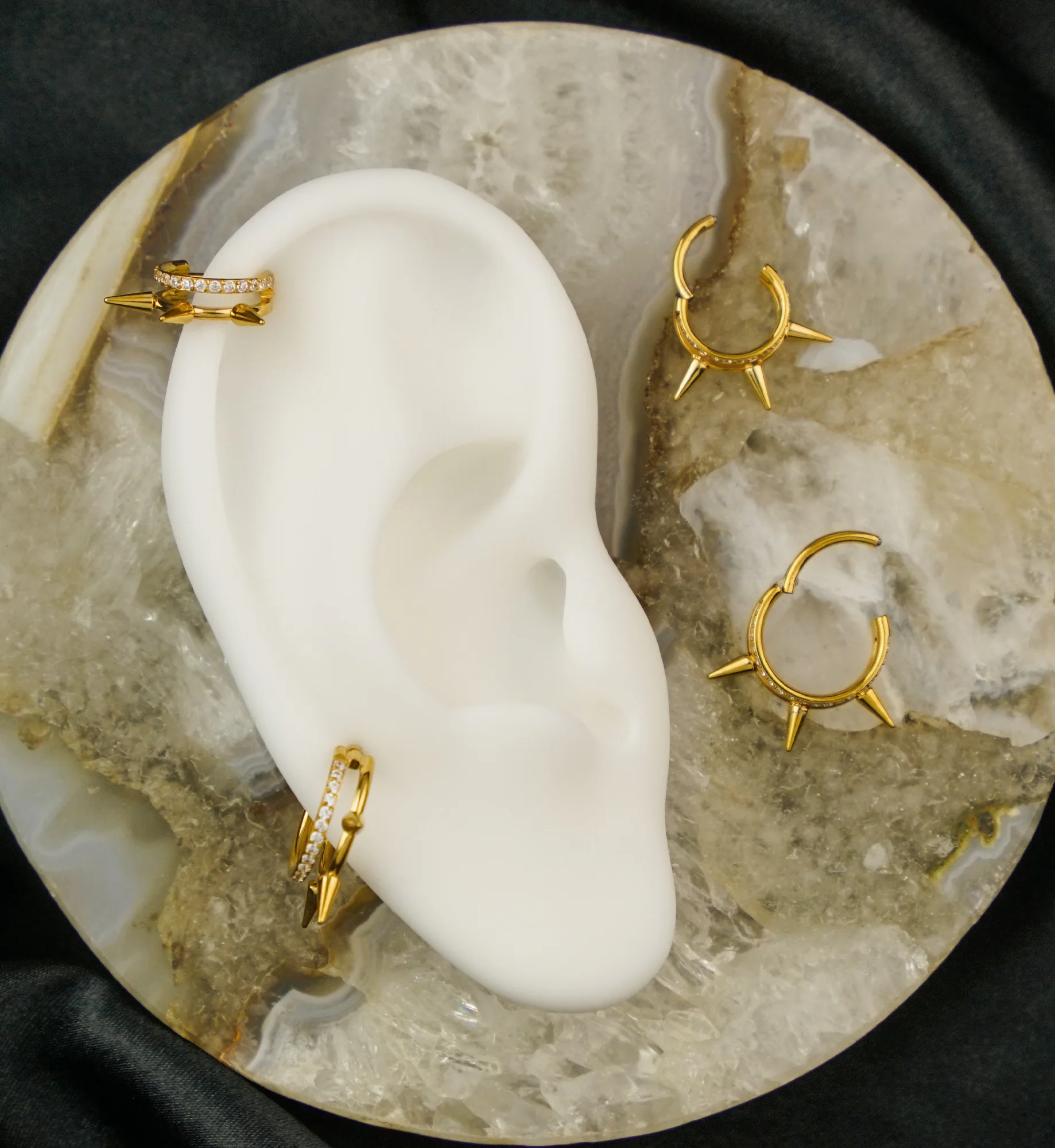 Gold PVD Spike And Clear CZ Double Row Titanium Hinged Segment Ring - Mrs Treak