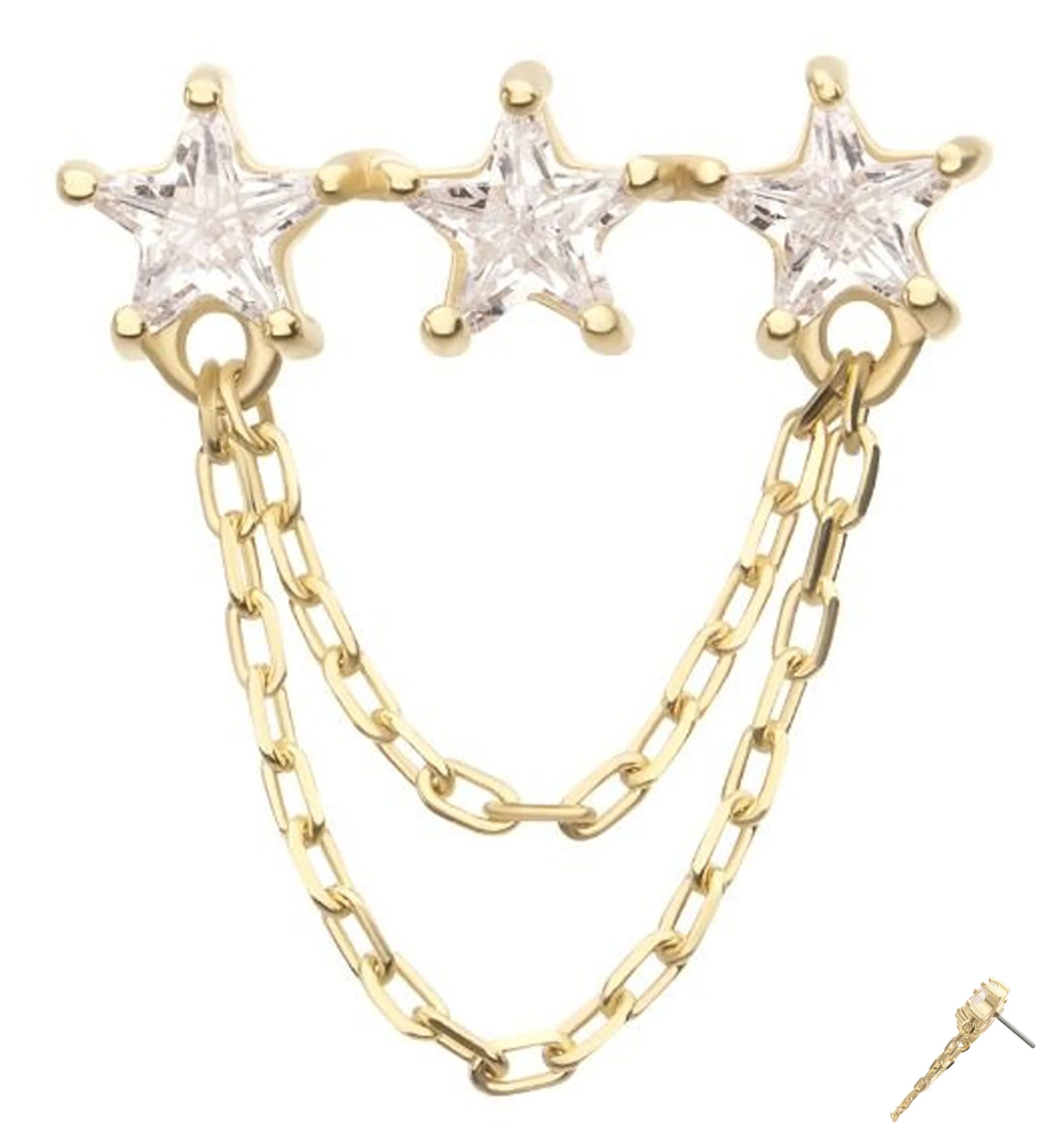 14kt Gold Triple Star Clear CZ Dual Dangle Chain Threadless Top - Mrs Treak