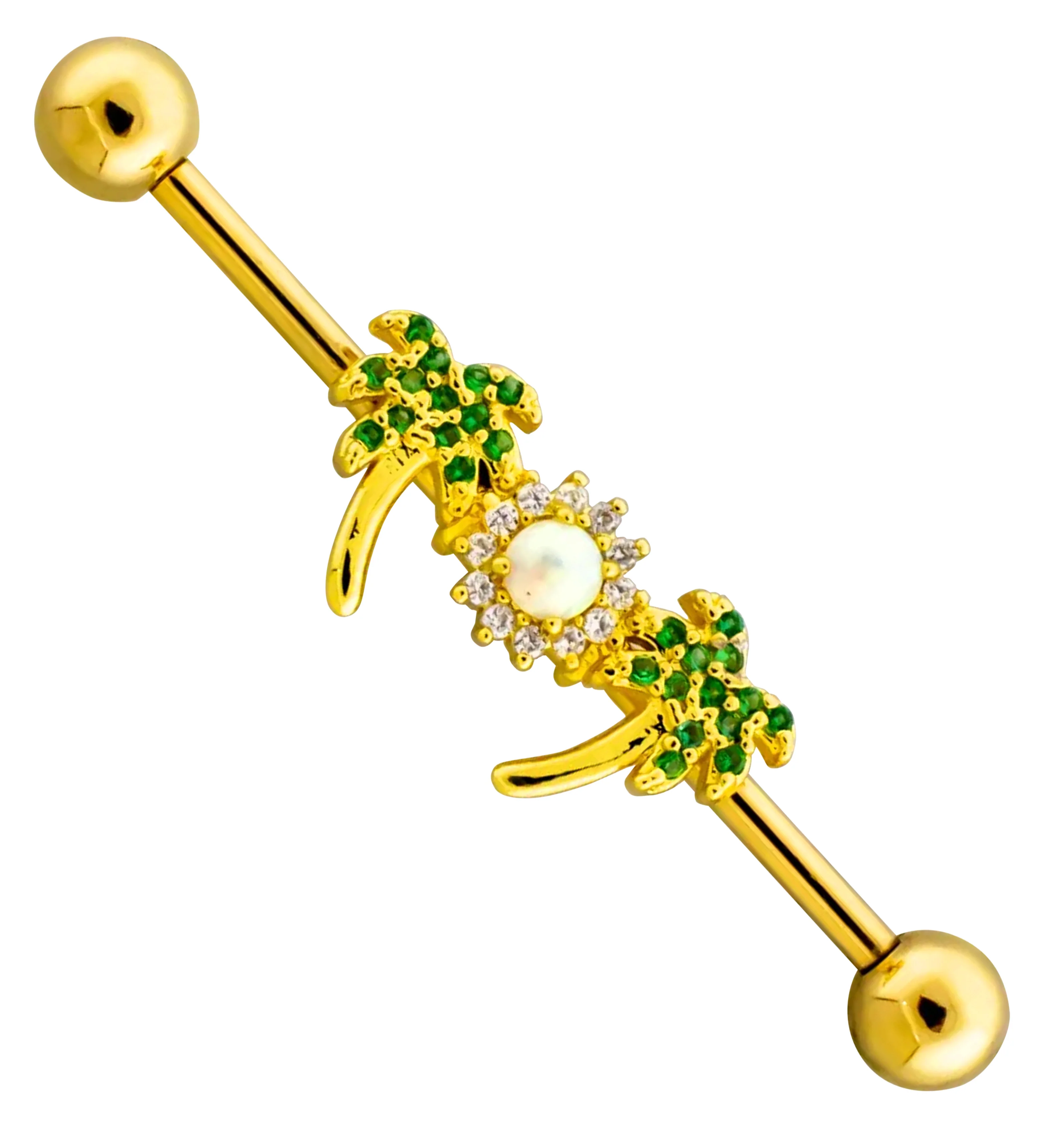 Gold PVD Two Palm Opalite Sun Stainless Steel Industrial Barbell - Mrs Treak