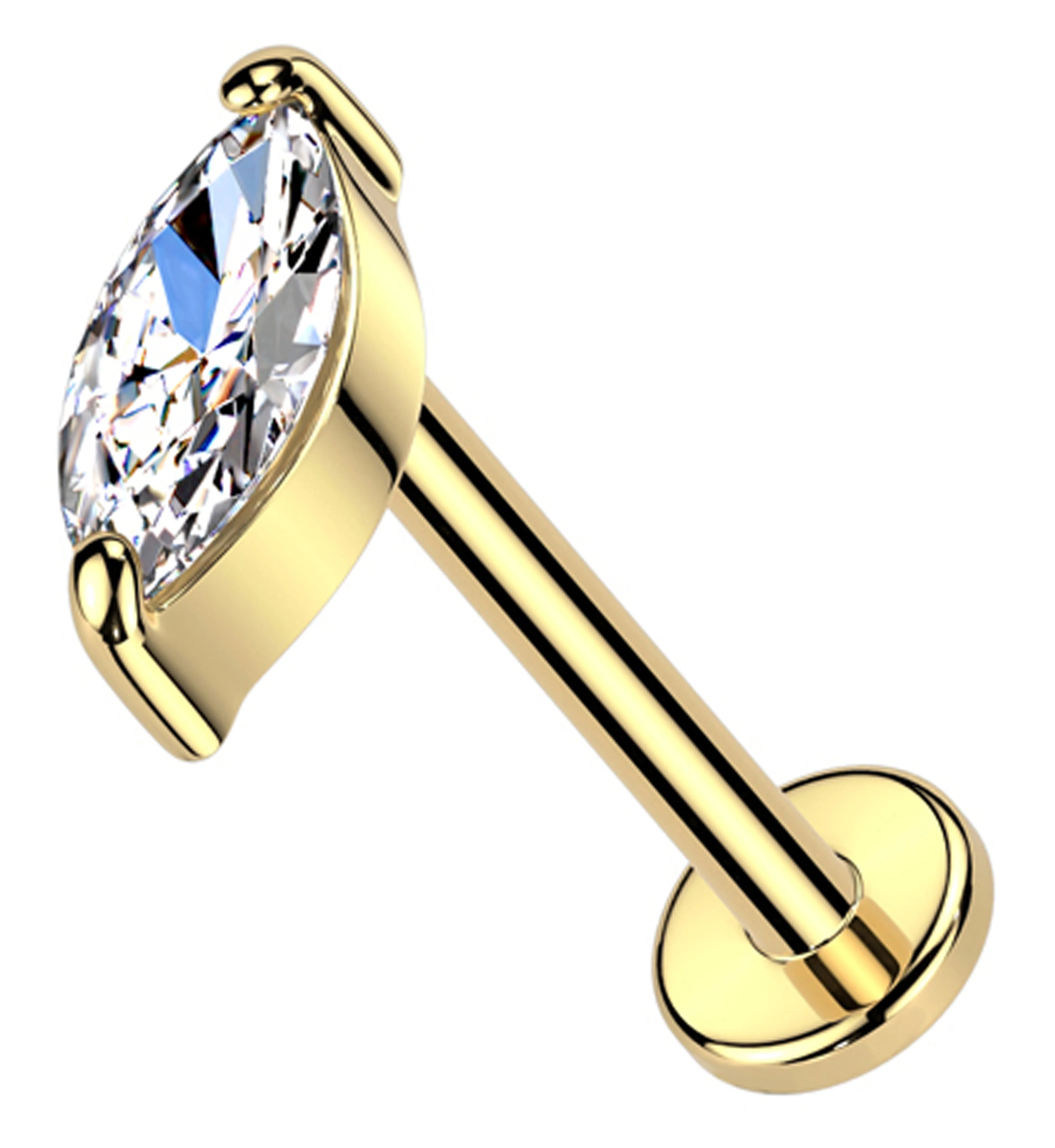 14kt Gold Marquise Clear CZ Flat Disk Threadless Labret - Mrs Treak