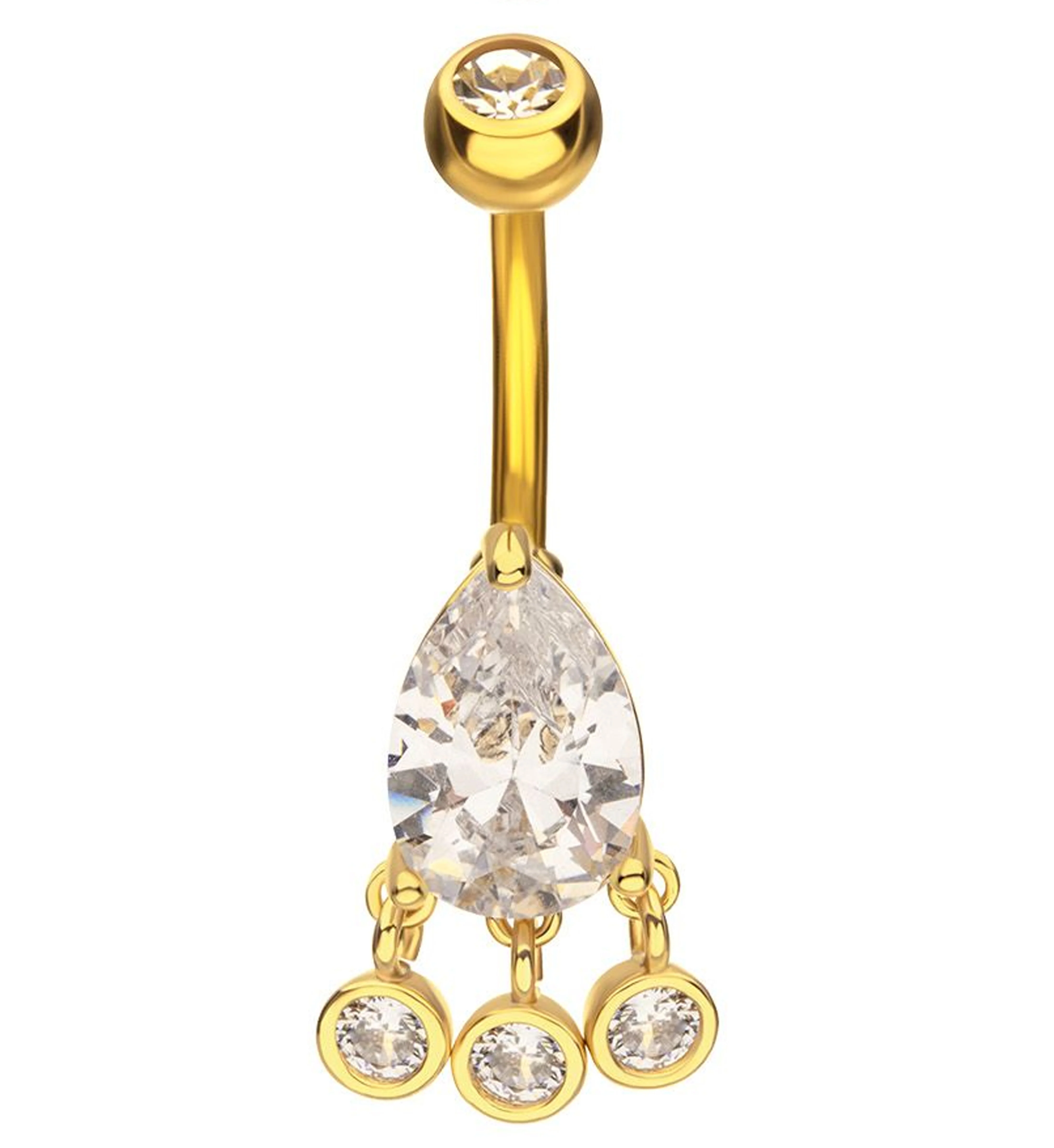 Gold PVD Teardrop Clear CZ Triple Bezel Dangle Stainless Steel Belly Button Ring - Mrs Treak