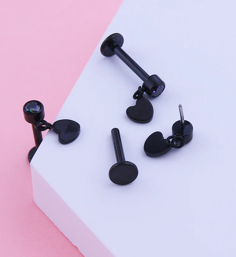 Black PVD Heart Dangle Black Aurora CZ Titanium Threadless Labret - Mrs Treak