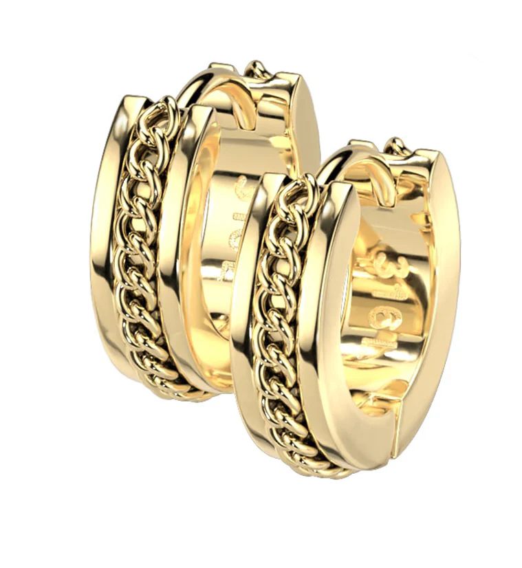 Gold PVD Chain Link Stainless Steel Hinged Hoop Earrings - Mrs Treak