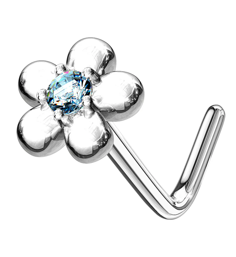 14kt White Gold Daisy Aqua CZ L Bend Nose Ring - Mrs Treak