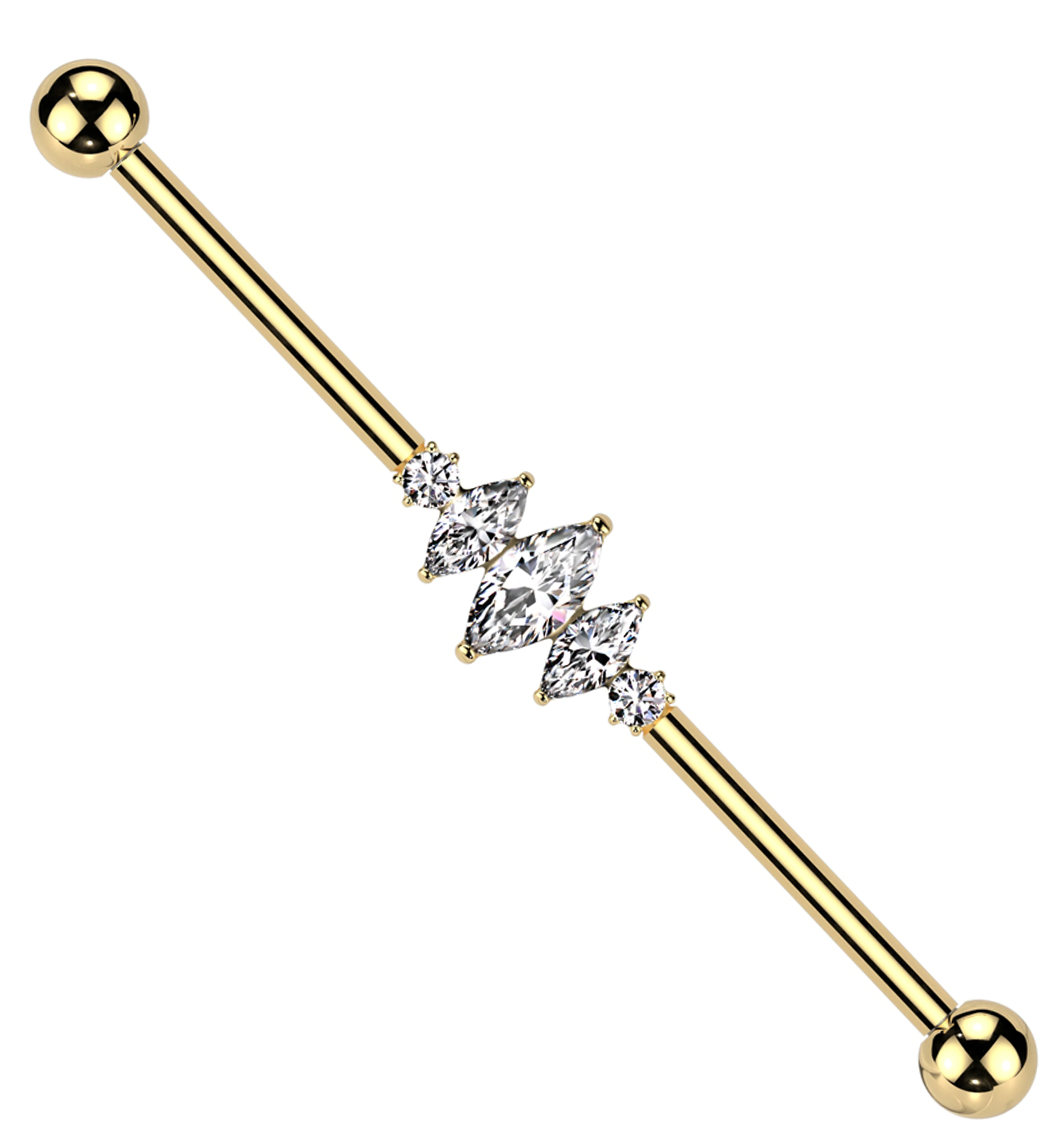 Gold PVD Triple Marquise Center Clear CZ Internally Threaded Titanium Industrial Barbell - Mrs Treak